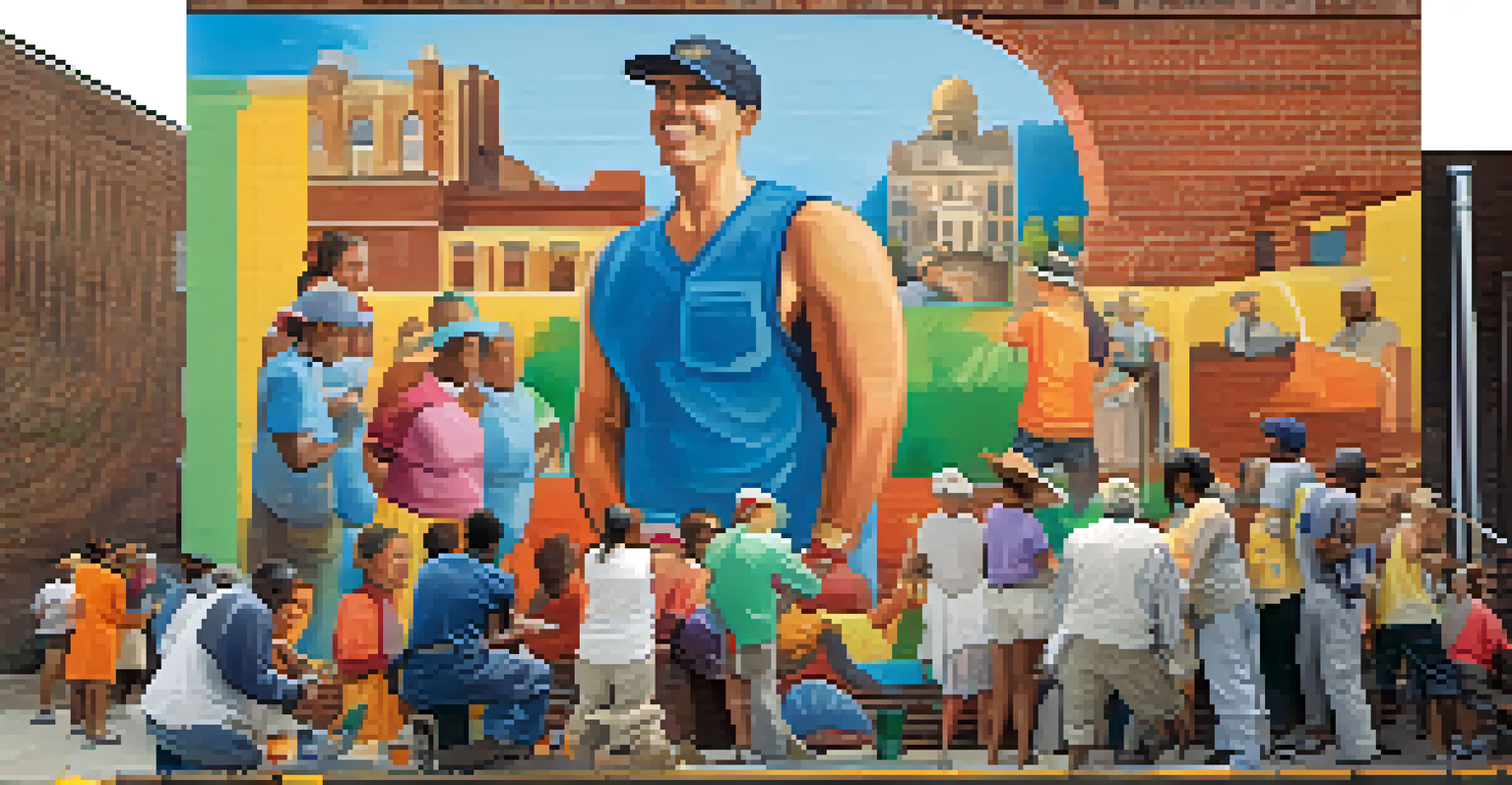 An artist painting a mural while local residents watch, showcasing local history and community spirit.