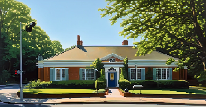 A view of Abbey Road Studio with vintage recording equipment on the porch during early morning light, surrounded by green trees.