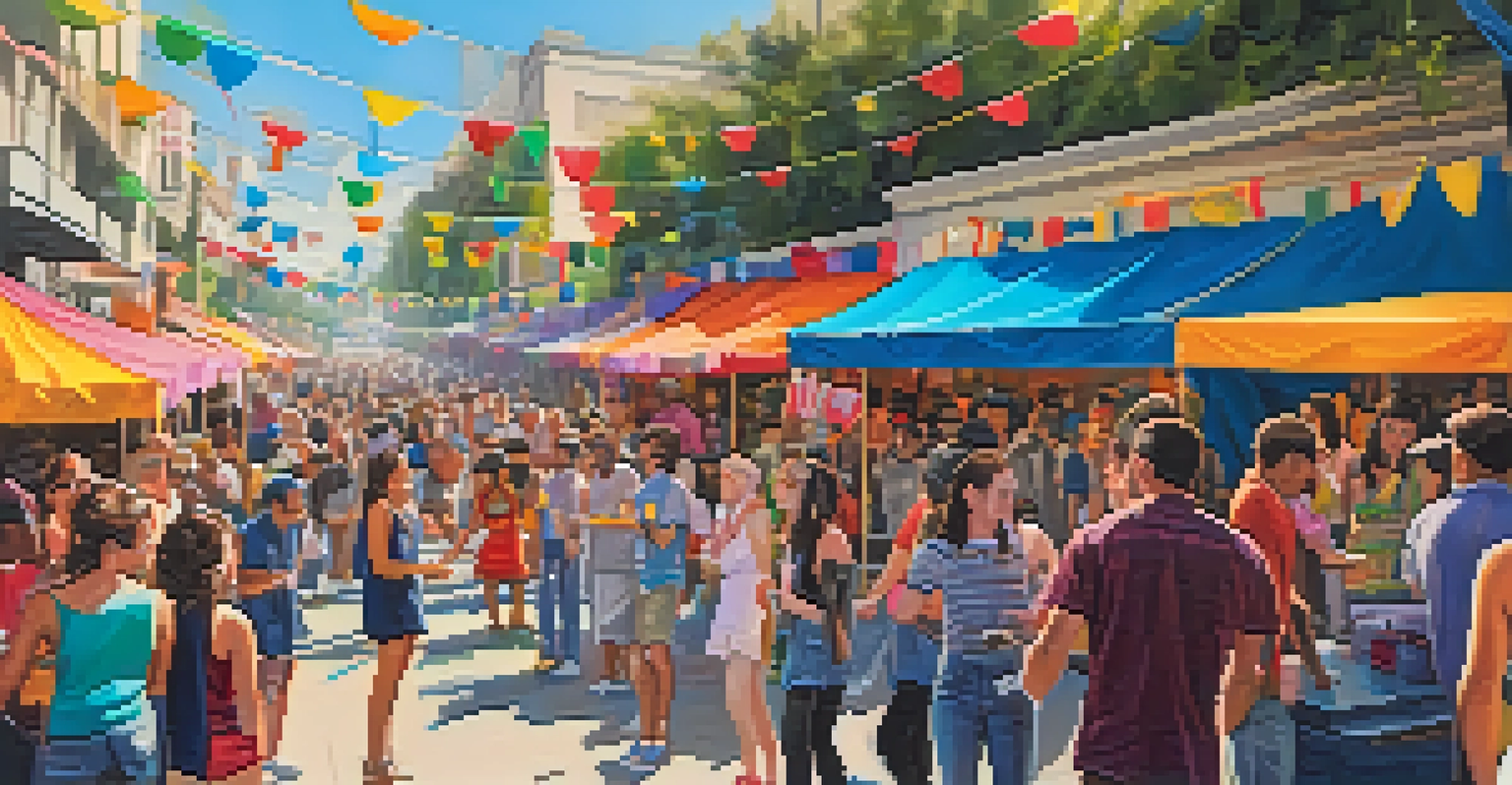 A vibrant street festival in LA with musicians performing, colorful banners, and people celebrating together.