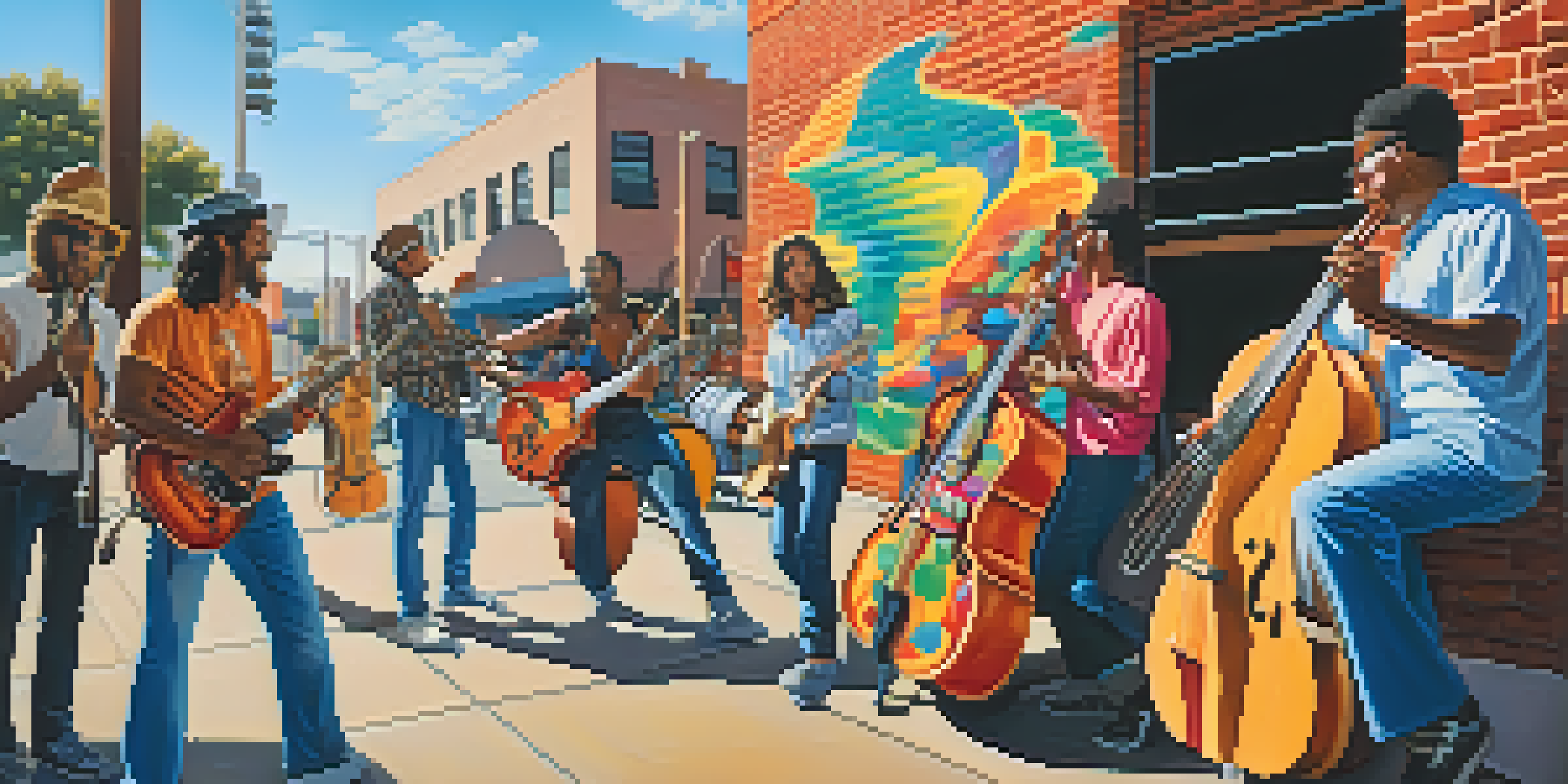 A lively street scene in Los Angeles with a colorful mural and musicians performing.