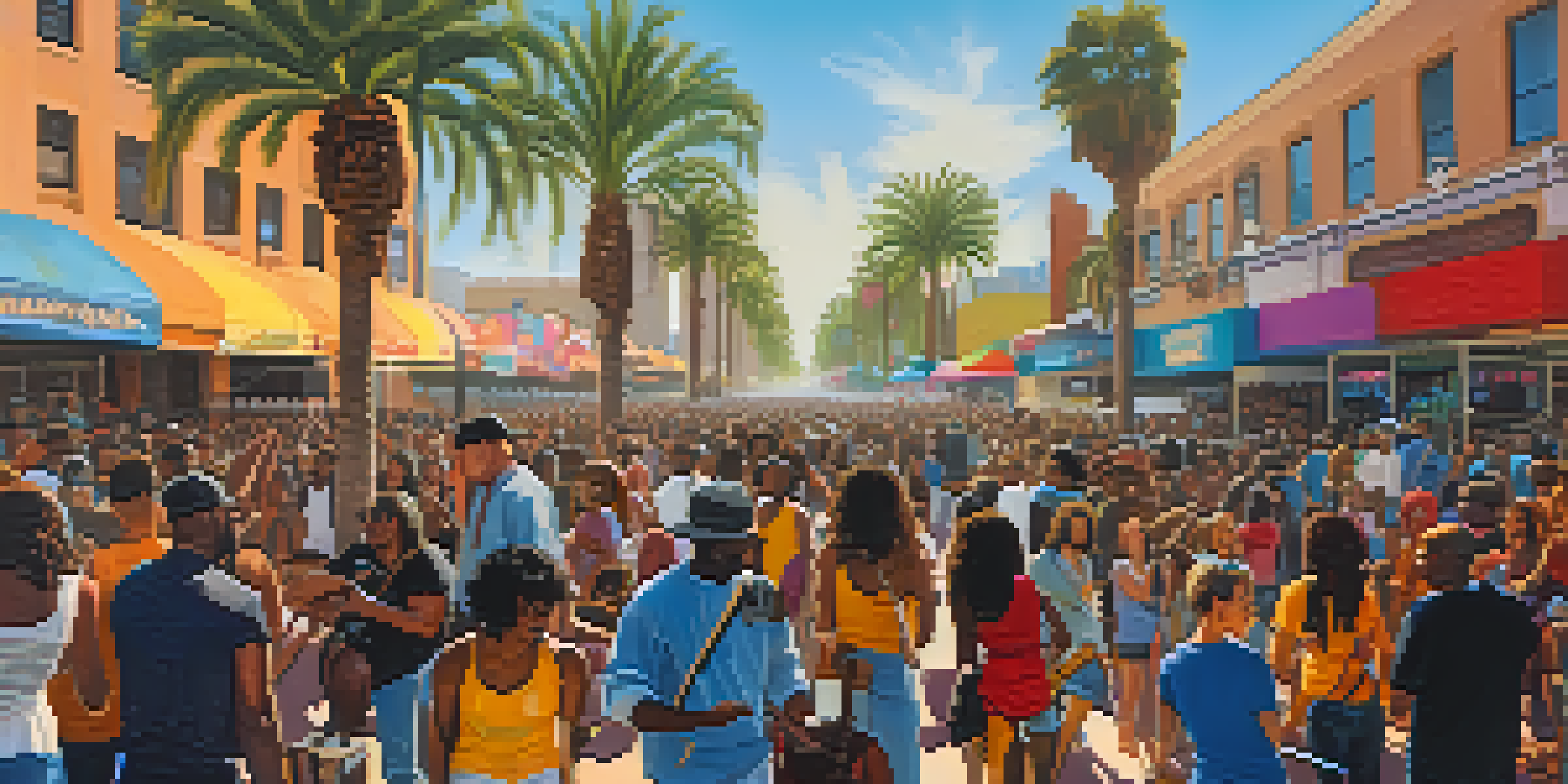 A lively outdoor music festival in Los Angeles with diverse musicians performing and a colorful crowd enjoying the music under bright sunlight.