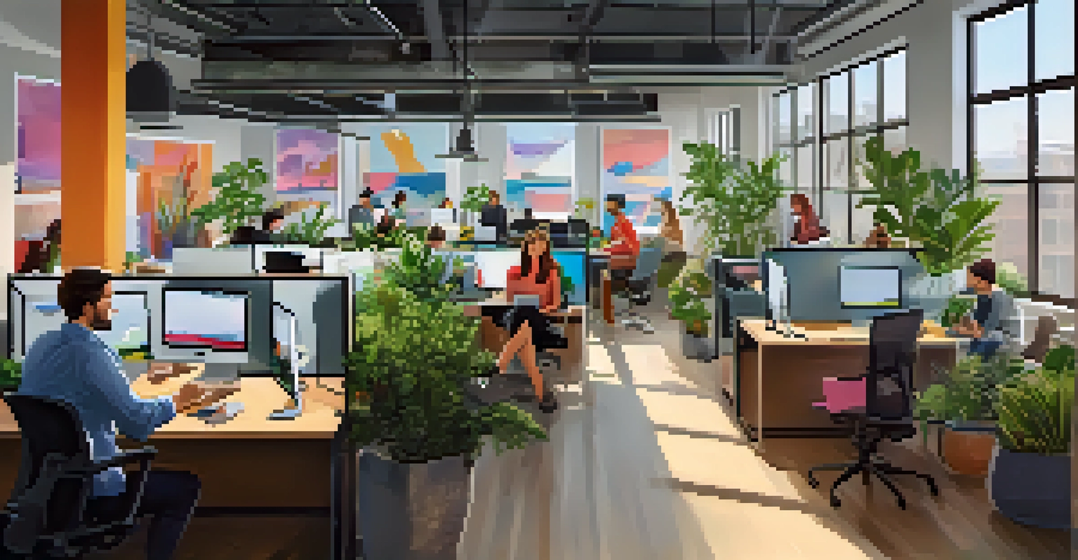 A lively tech startup office in Los Angeles with open workspaces, young professionals collaborating on laptops, and bright natural light.