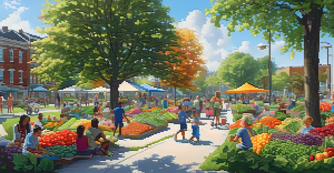 A lively urban park with people of different ages enjoying the outdoors, surrounded by a flourishing community garden filled with colorful plants.