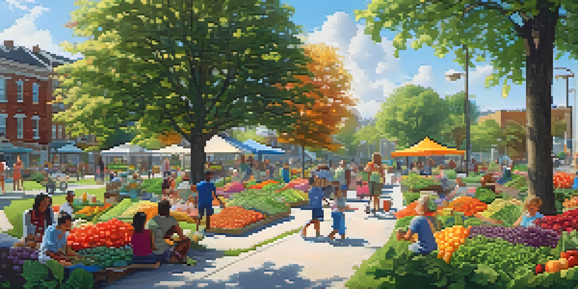 A lively urban park with people of different ages enjoying the outdoors, surrounded by a flourishing community garden filled with colorful plants.