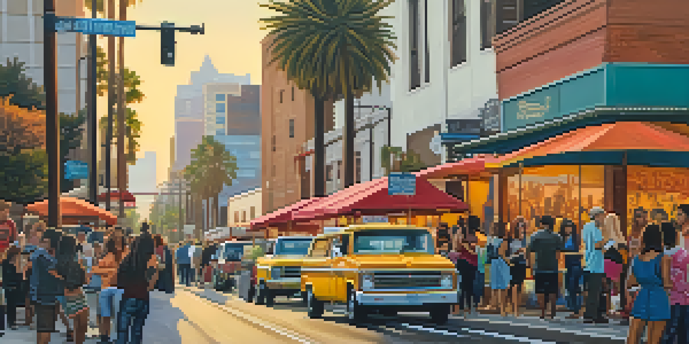 A lively street scene in Downtown Los Angeles during an art walk, with artists showcasing their work and people engaging with one another.