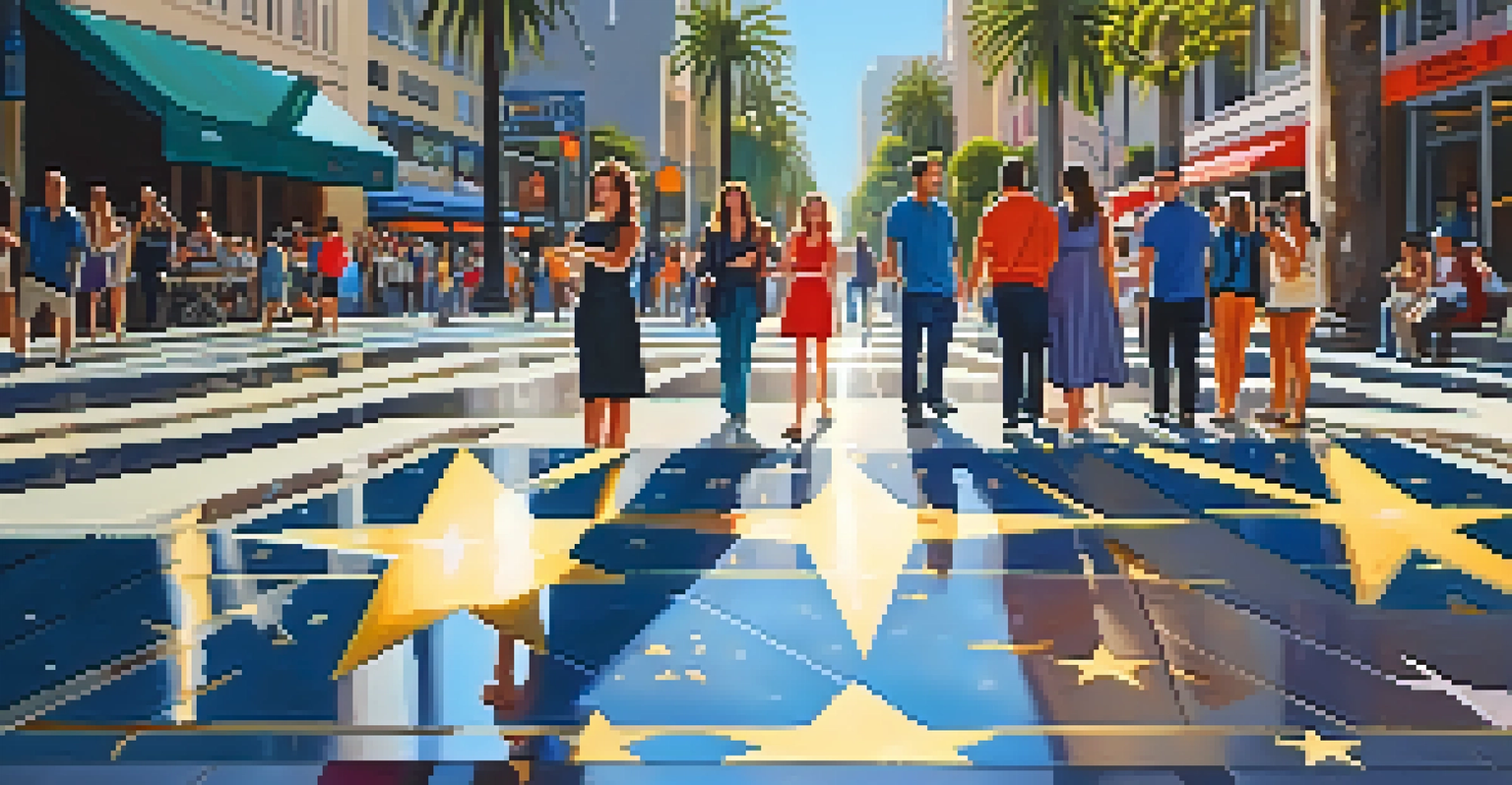 Tourists enjoying the Hollywood Walk of Fame, surrounded by brass stars and street performers under the bright sun.
