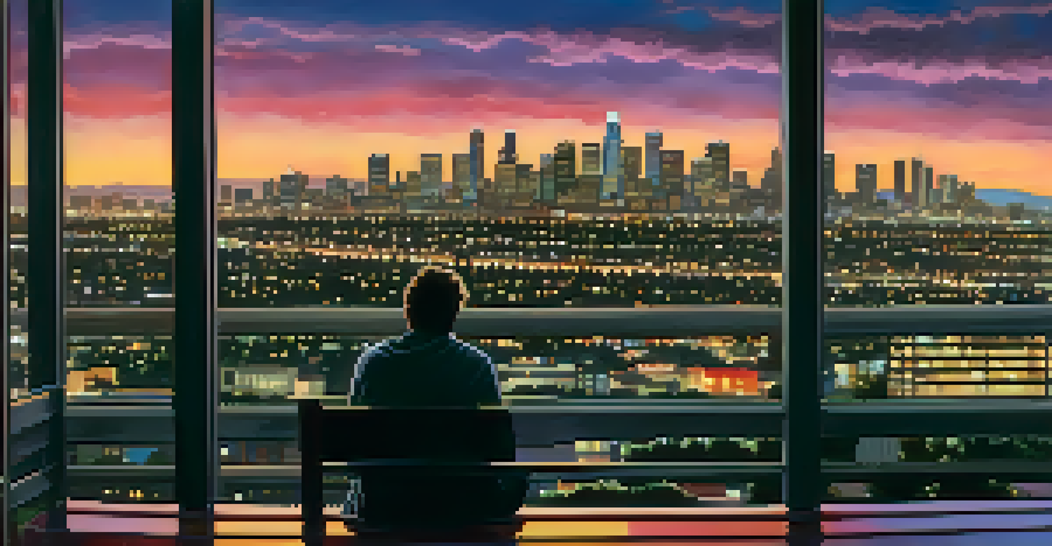 A panoramic view of the Los Angeles skyline at sunset with a silhouette of a writer on a bench, capturing the essence of inspiration in the city.