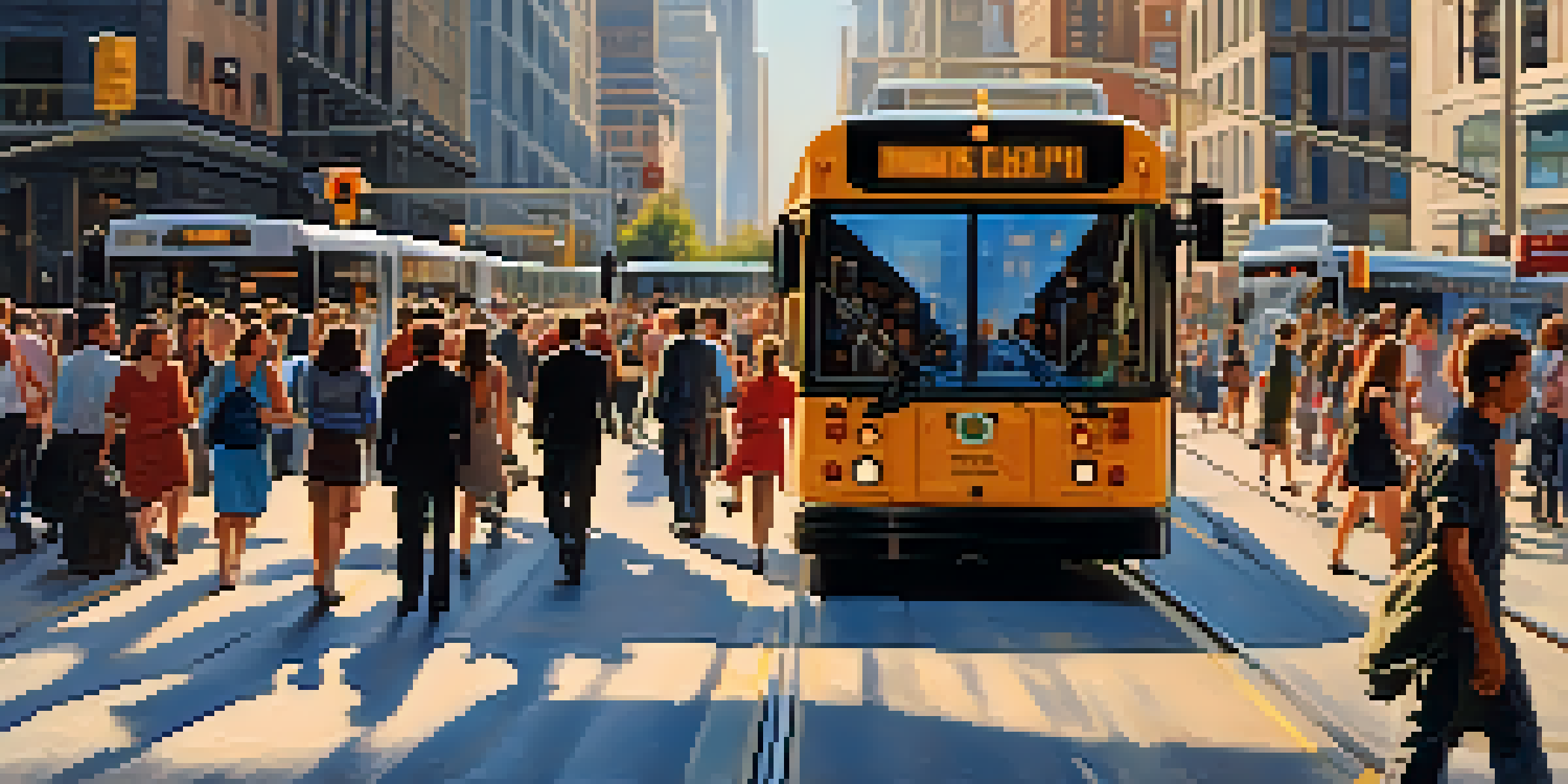 A busy urban street during rush hour, with people using public transit, buses, and trams amidst city buildings, illuminated by warm afternoon sunlight.