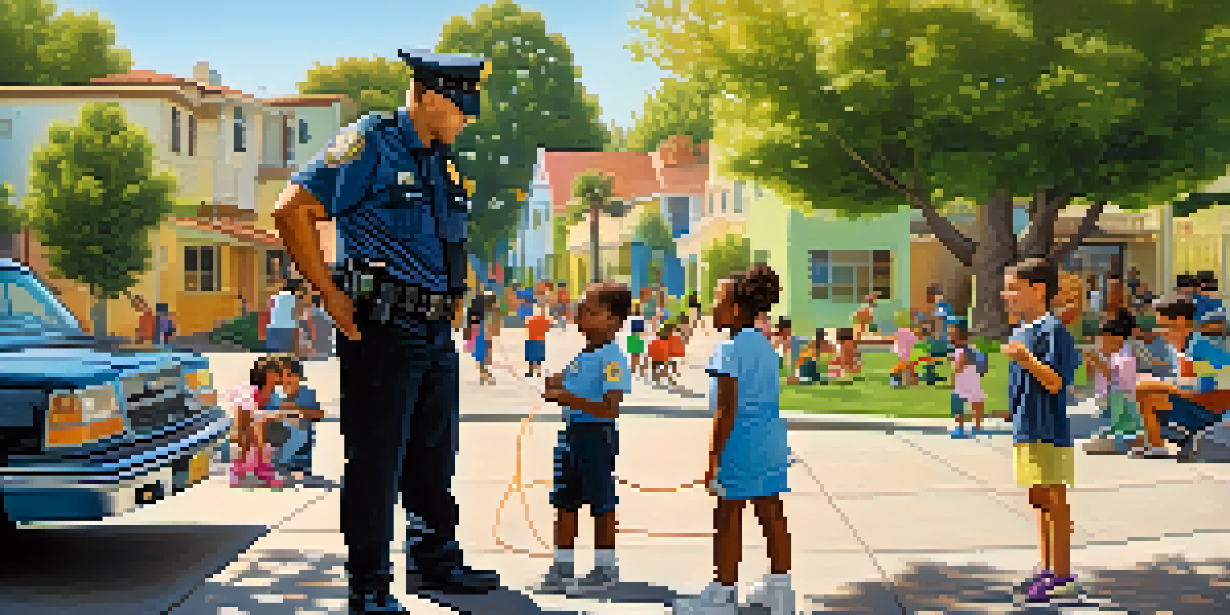 A police officer interacting with children in a park in Los Angeles, surrounded by colorful murals and trees, under a sunny sky.
