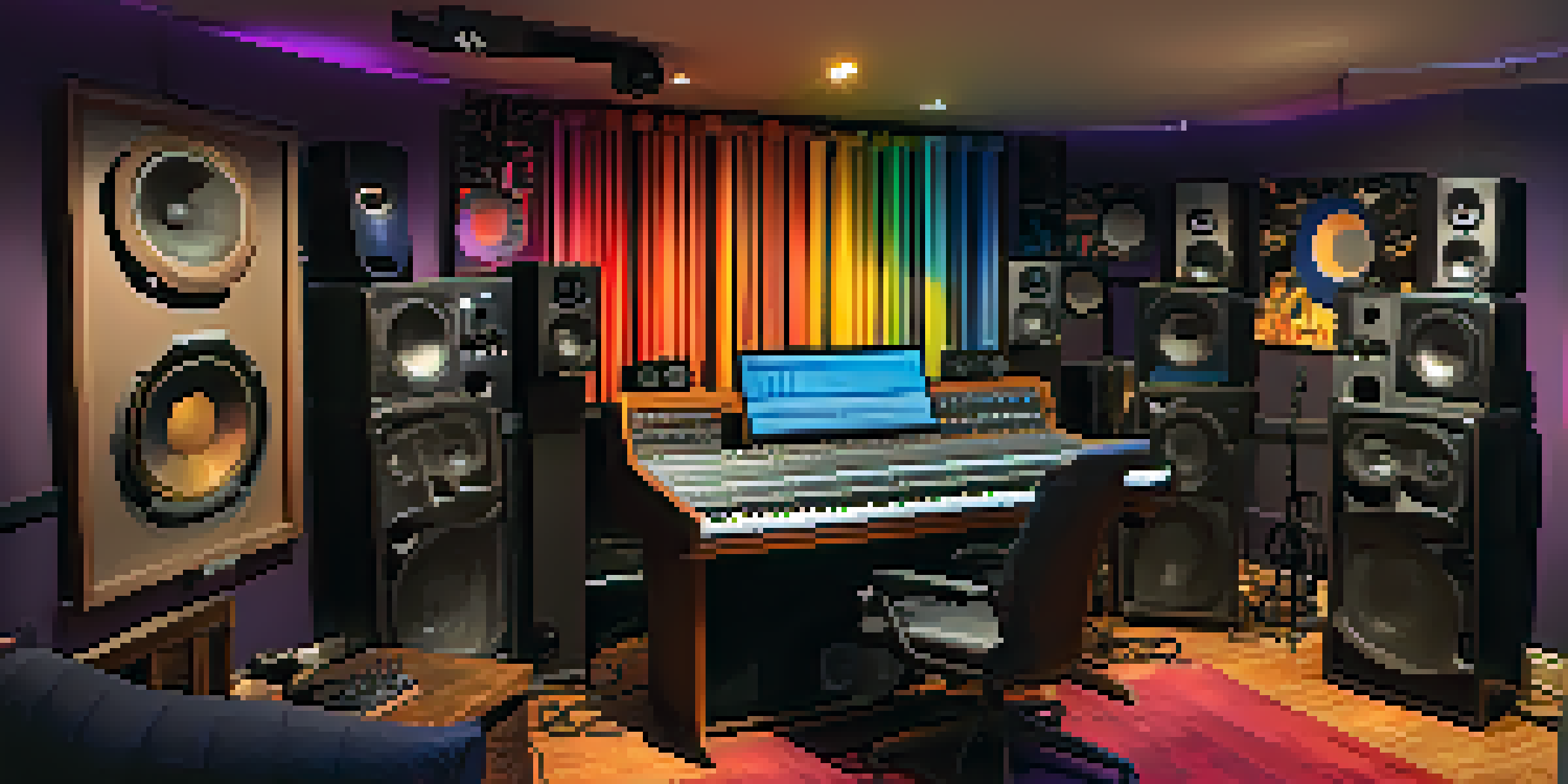 A colorful home music studio in Los Angeles with modern equipment and instruments.