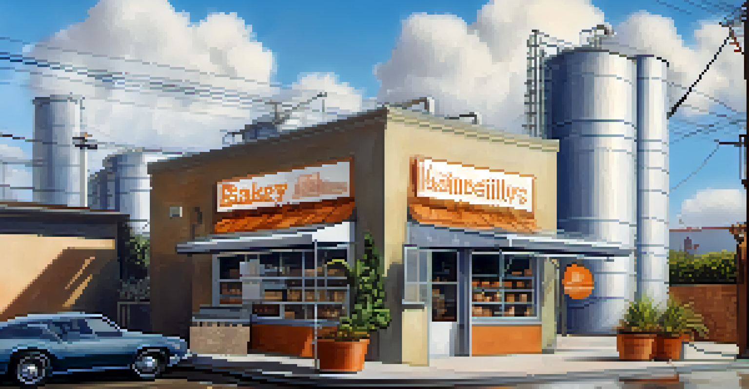 A bakery with a rainwater harvesting system and storage tanks, set against cloudy skies in Los Angeles.