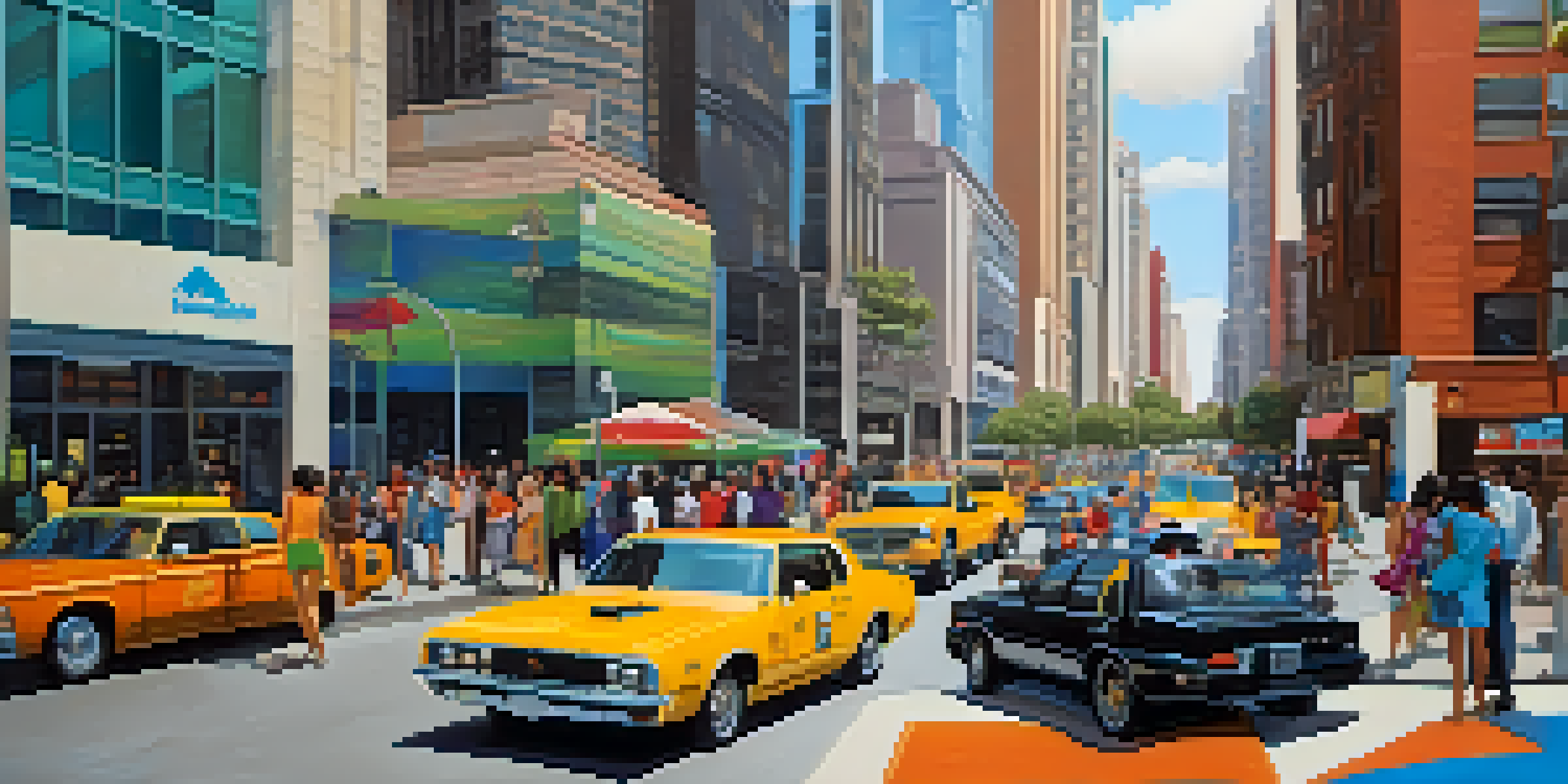 A busy city street with a ride-sharing vehicle parked, people using smartphones, and tall buildings in the background.