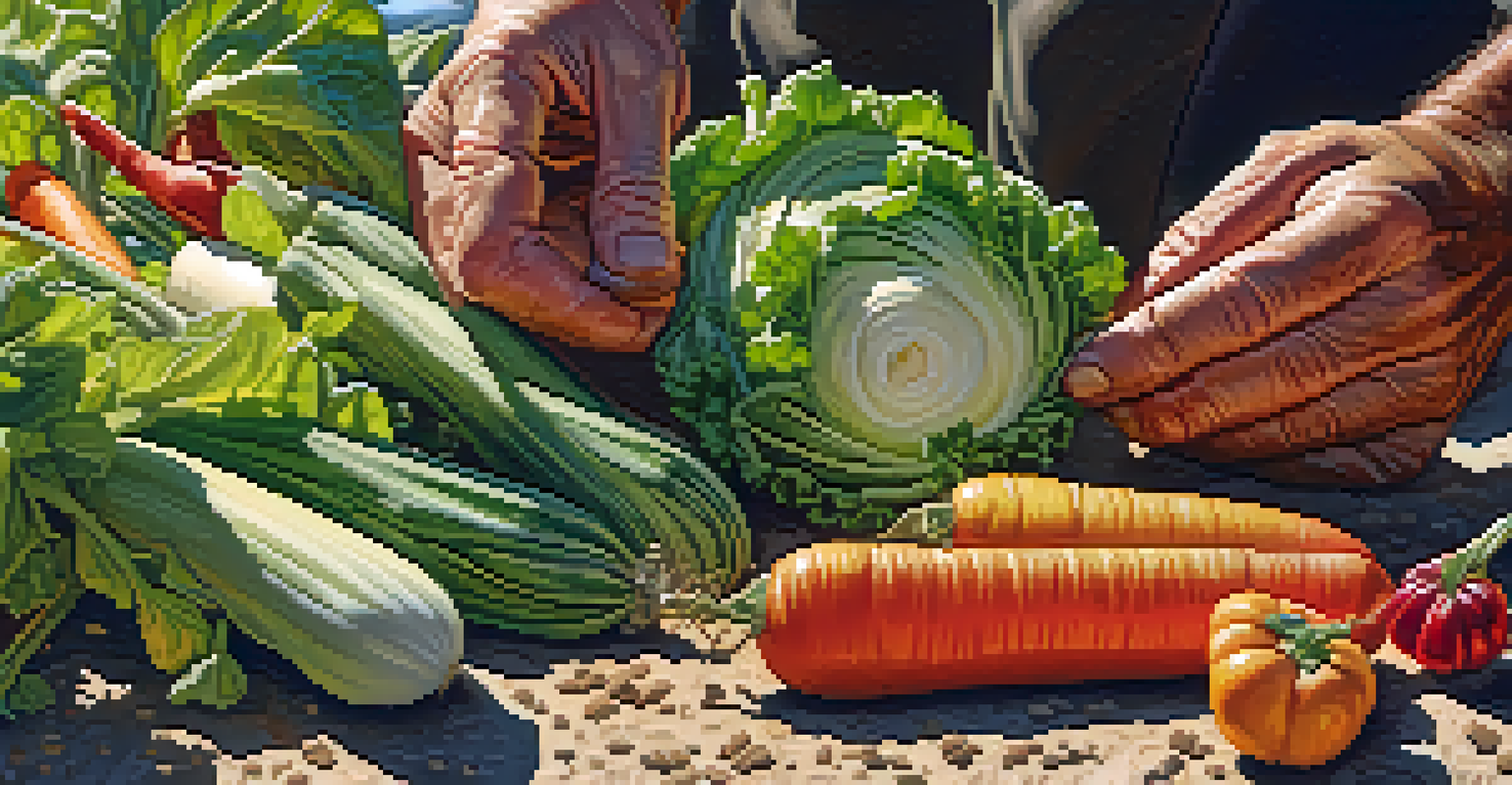 A close-up of a farmer's hands inspecting colorful drought-resistant vegetables in a garden.