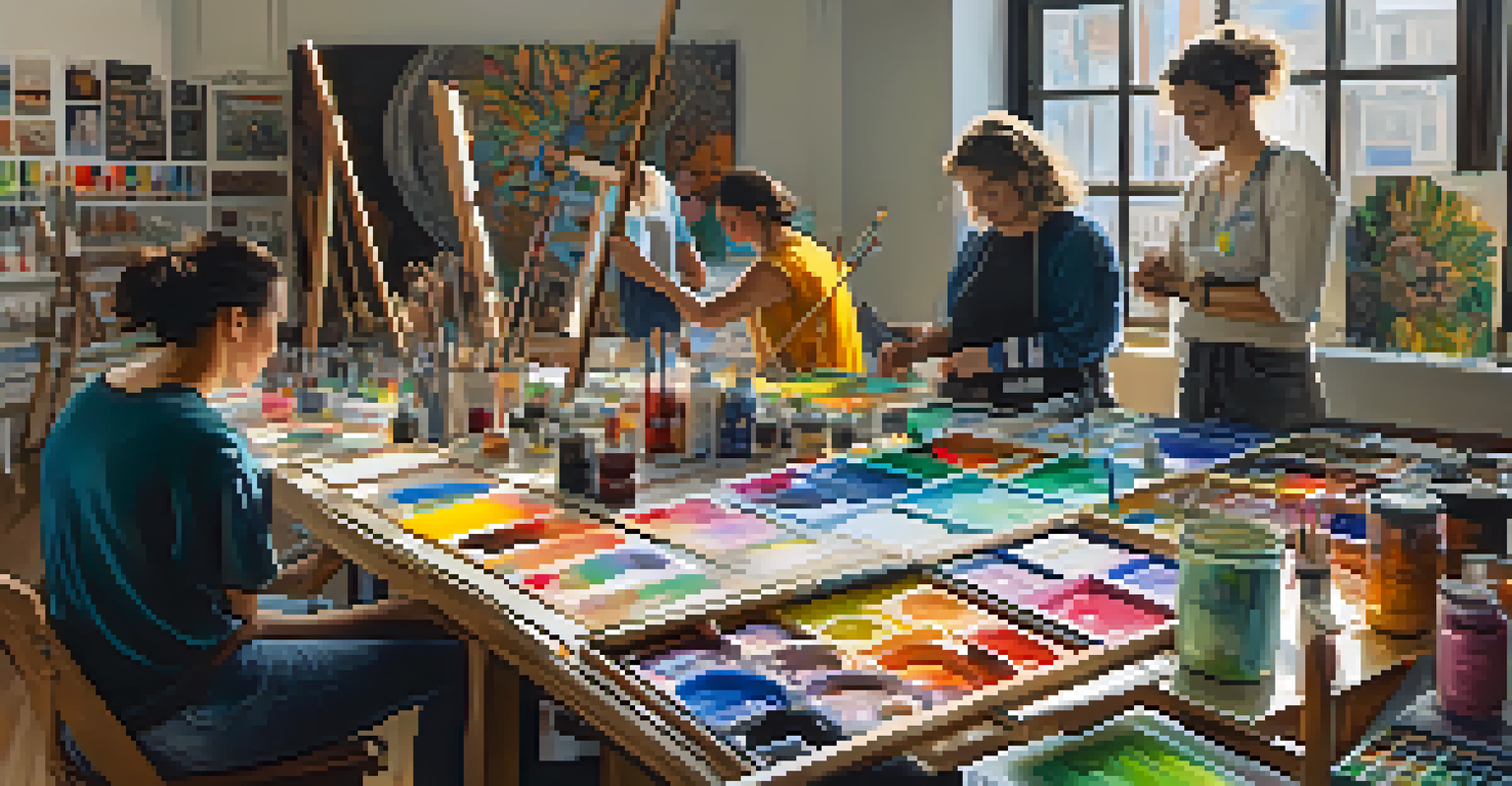 Artists from diverse backgrounds collaborating on a large canvas in a colorful studio.