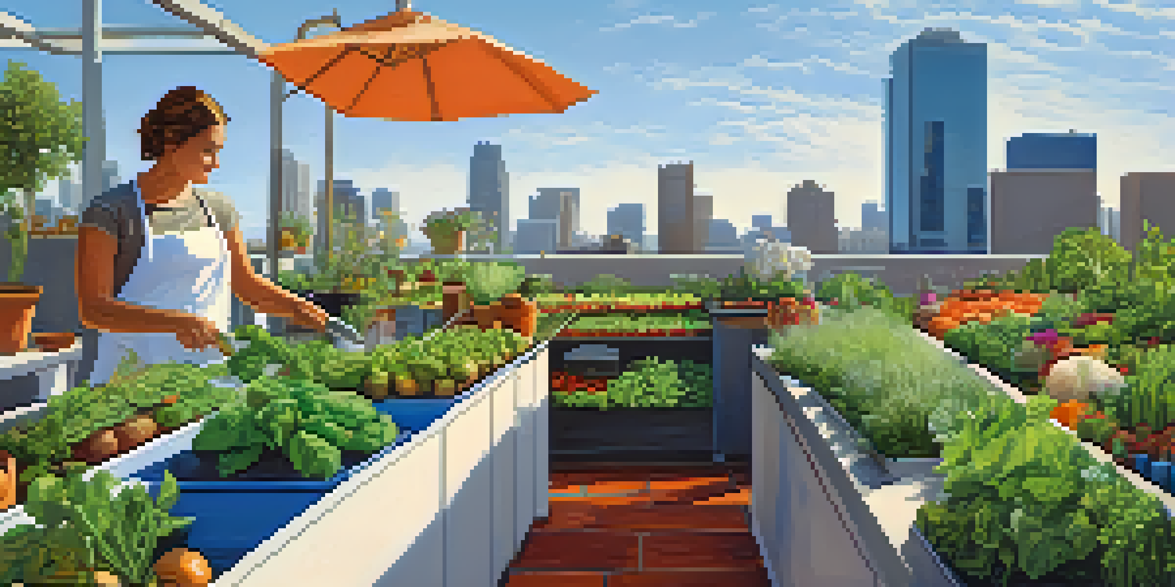A chef in a rooftop garden in Los Angeles, surrounded by fresh herbs and vegetables, emphasizing sustainable dining.