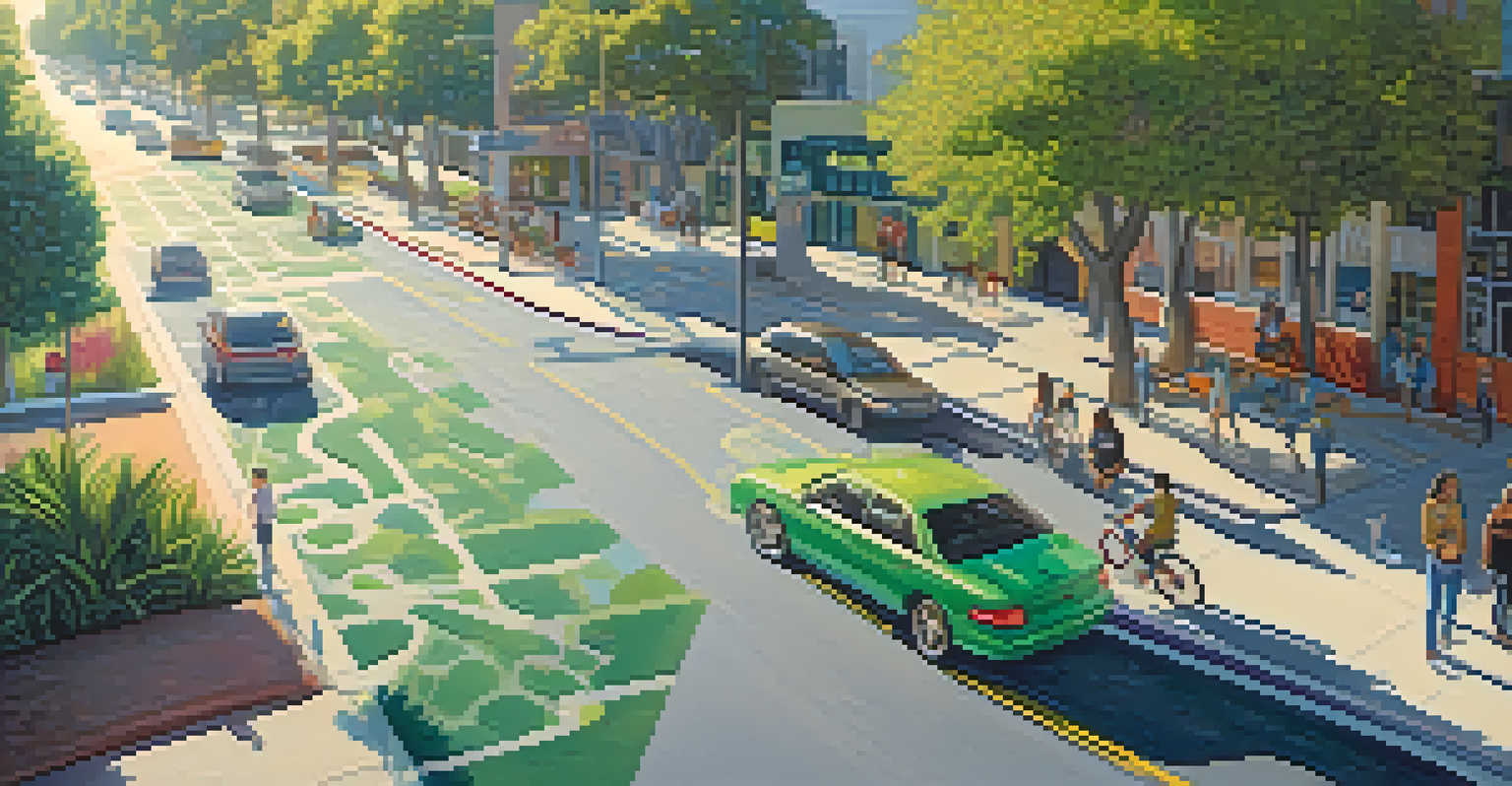 An aerial view of an urban street in Los Angeles transformed with green spaces, bike lanes, and pedestrians.