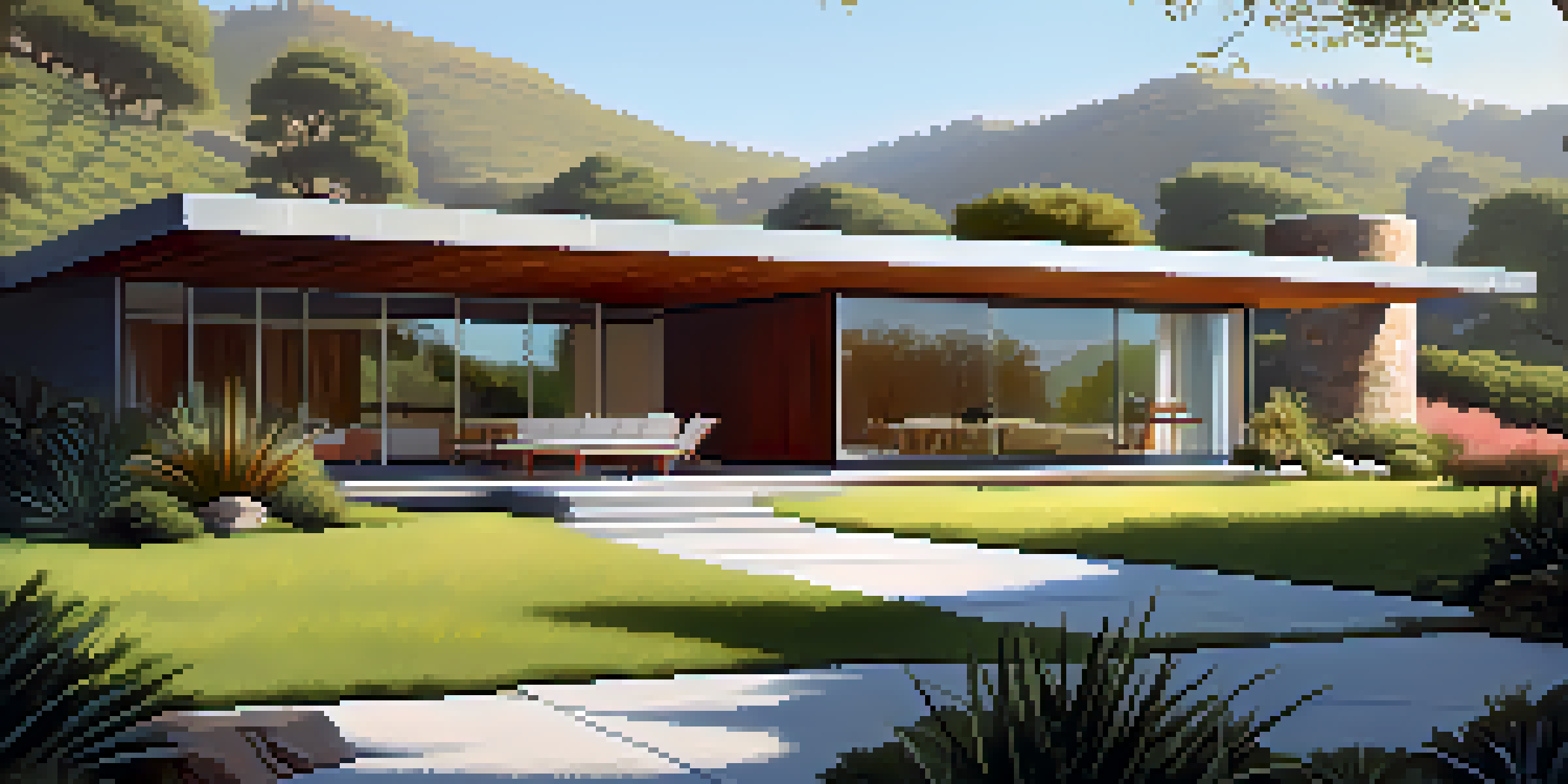 A Mid-Century Modern house with large glass windows surrounded by nature, featuring a spacious patio and minimalist furniture.