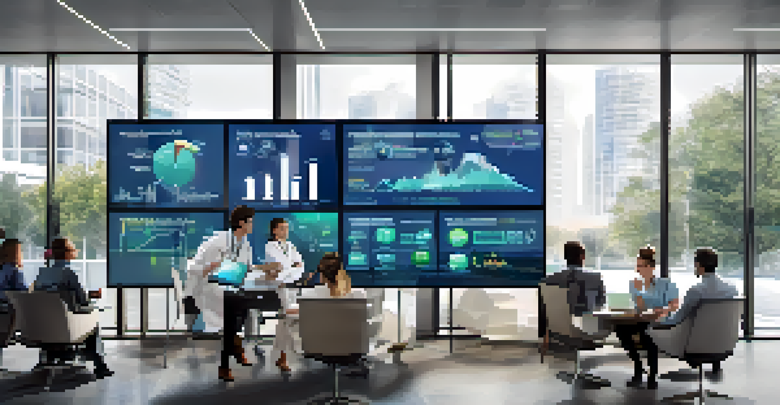 Health professionals discussing strategies in a modern office with a large screen displaying real-time health data trends.