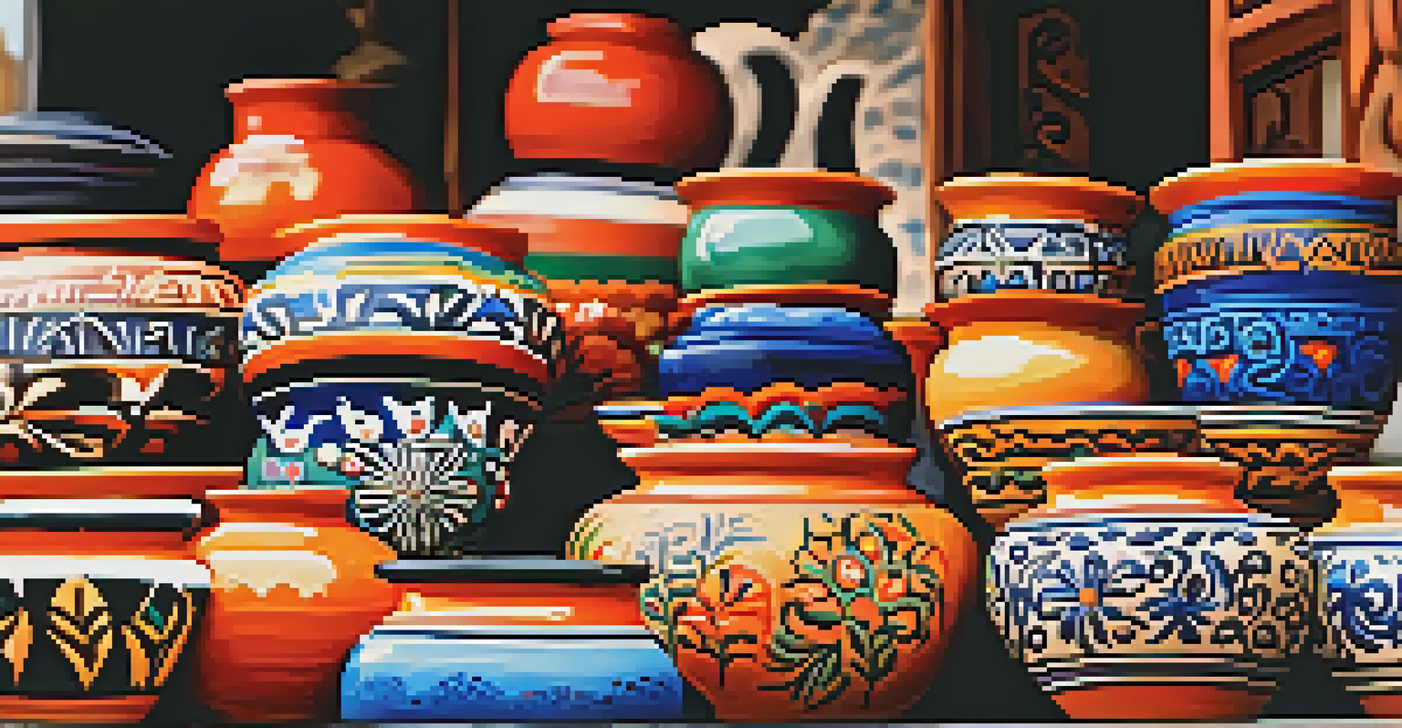 Close-up of colorful traditional Mexican pottery with intricate designs displayed in a market stall.