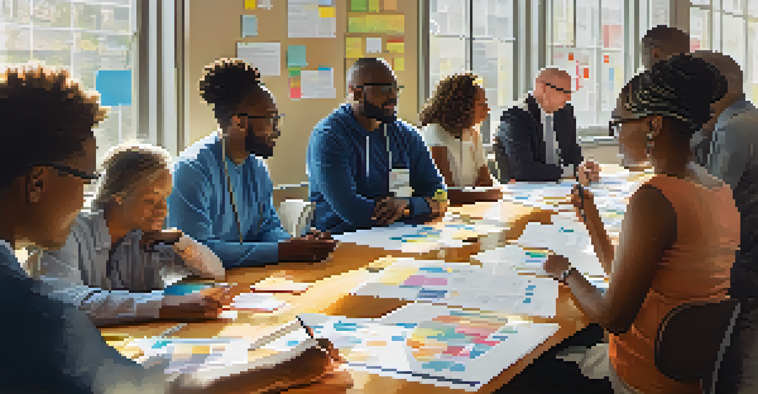A collaborative meeting of community stakeholders discussing mental health outreach strategies around a large table filled with charts and laptops.