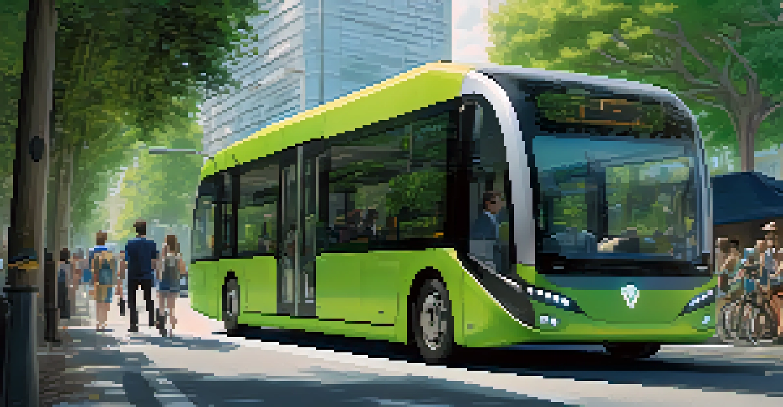 A futuristic autonomous bus driving through a green city street, surrounded by pedestrians and cyclists.