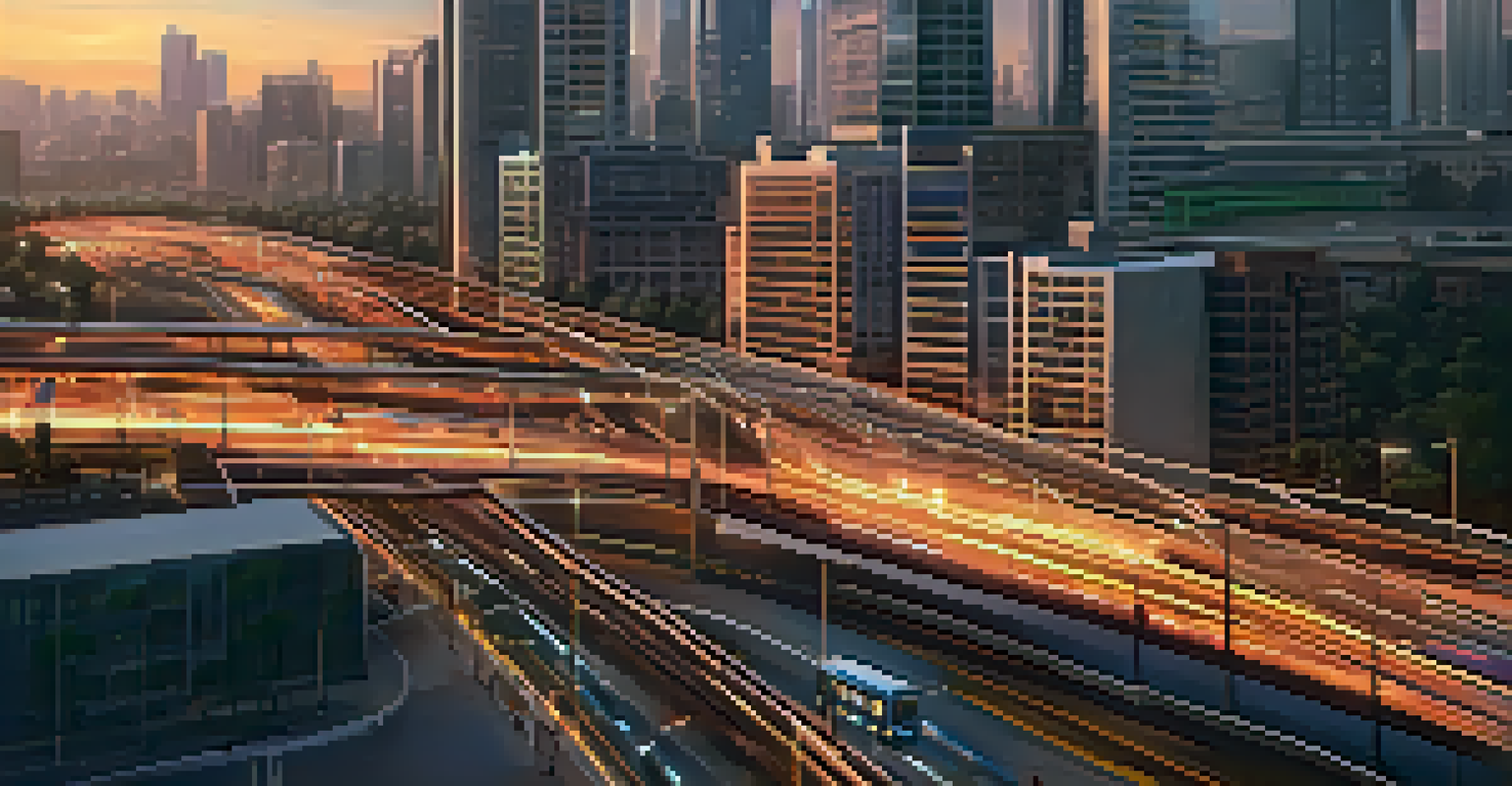 An aerial perspective of a city with busy roads and smart traffic management systems, illuminated by sunset.
