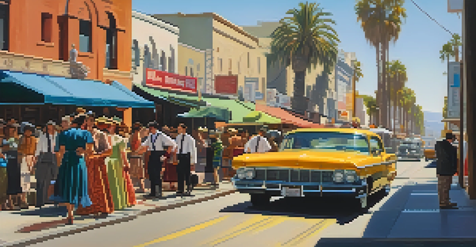 A lively film set in Los Angeles with crew members, colorful trailers, and actors in costumes under the warm sunlight.