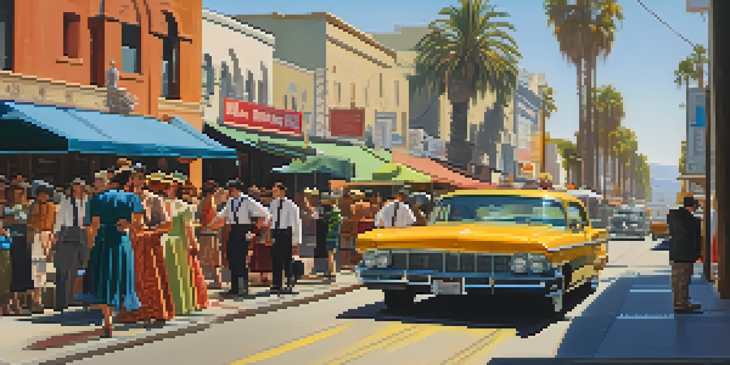 A lively film set in Los Angeles with crew members, colorful trailers, and actors in costumes under the warm sunlight.