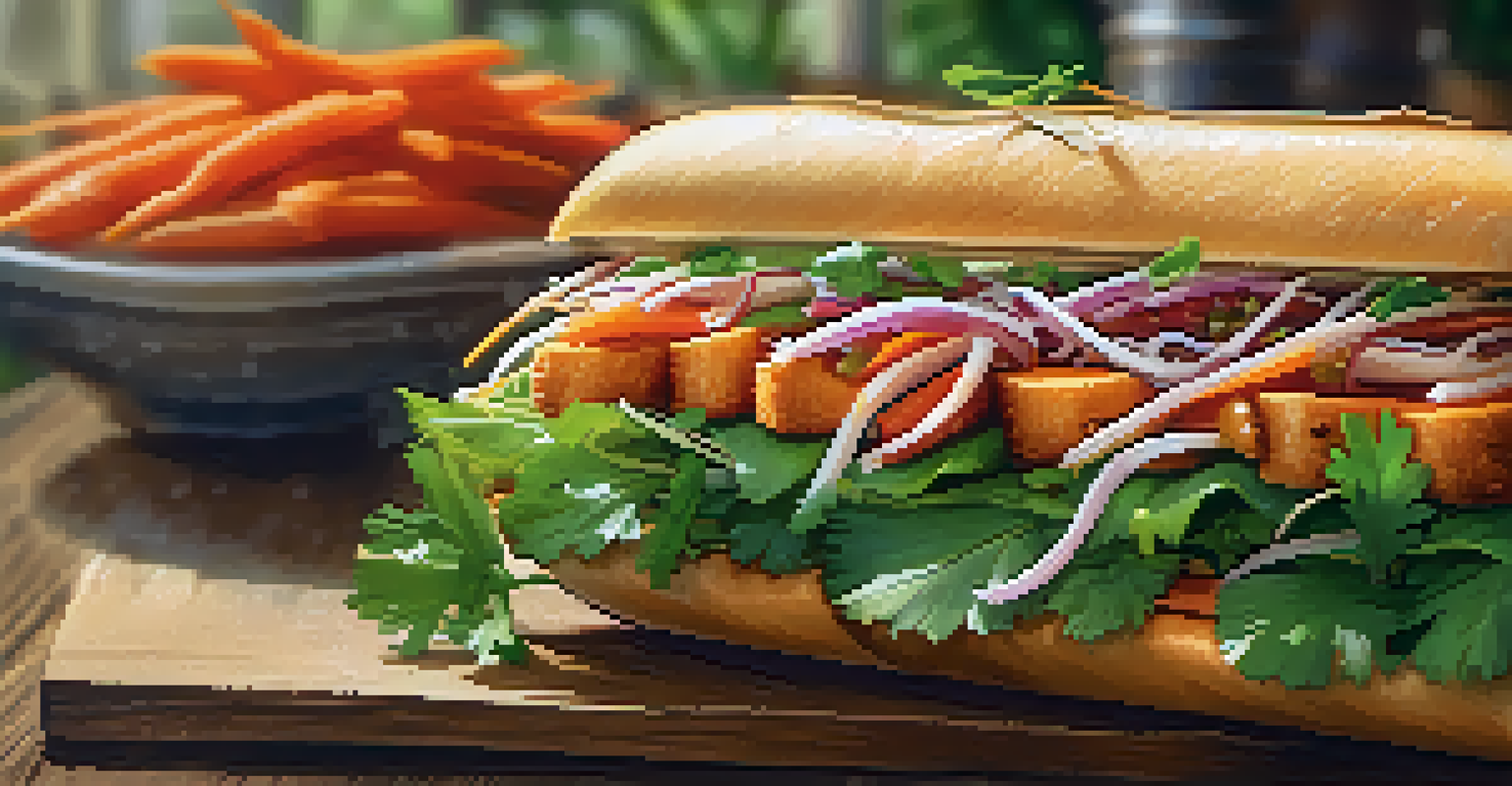A detailed view of a banh mi sandwich filled with meats, vegetables, and sauce, placed on a wooden table with a blurred background.