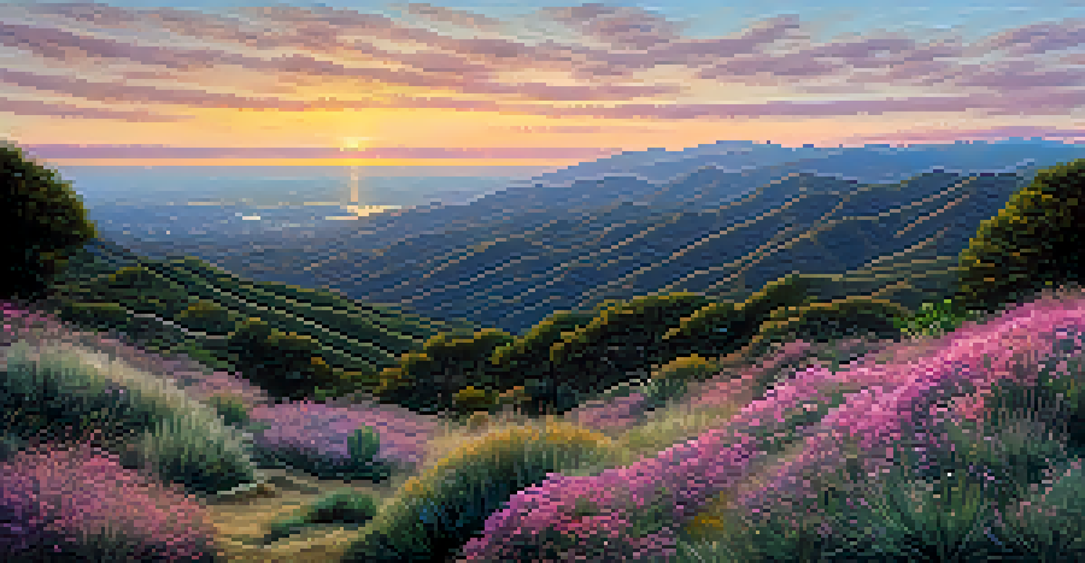 A peaceful sunset from Topanga State Park with a colorful sky and wildflowers in the foreground.