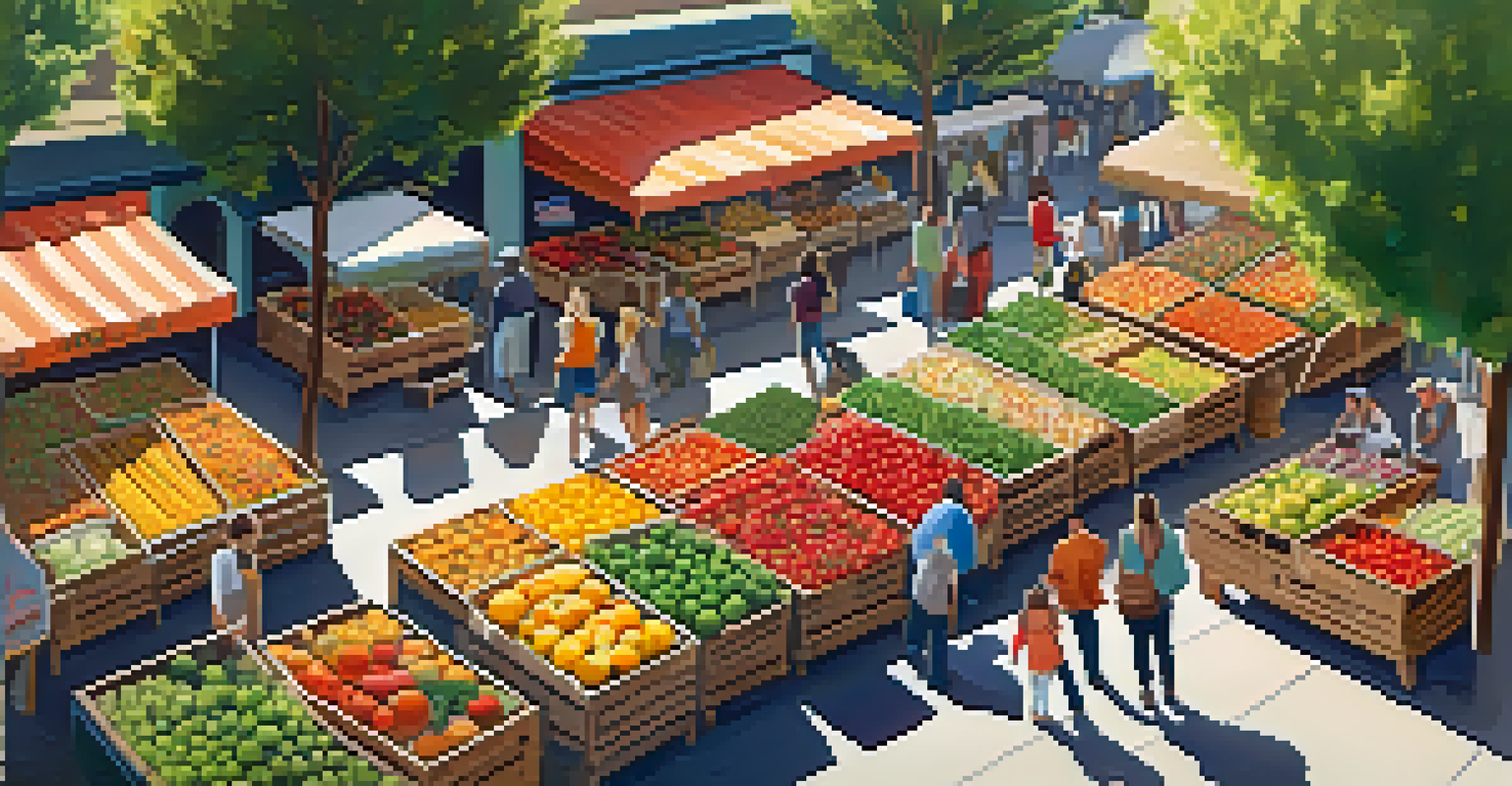 A bustling farmers' market in Los Angeles with colorful stalls and shoppers interacting with vendors under dappled sunlight.