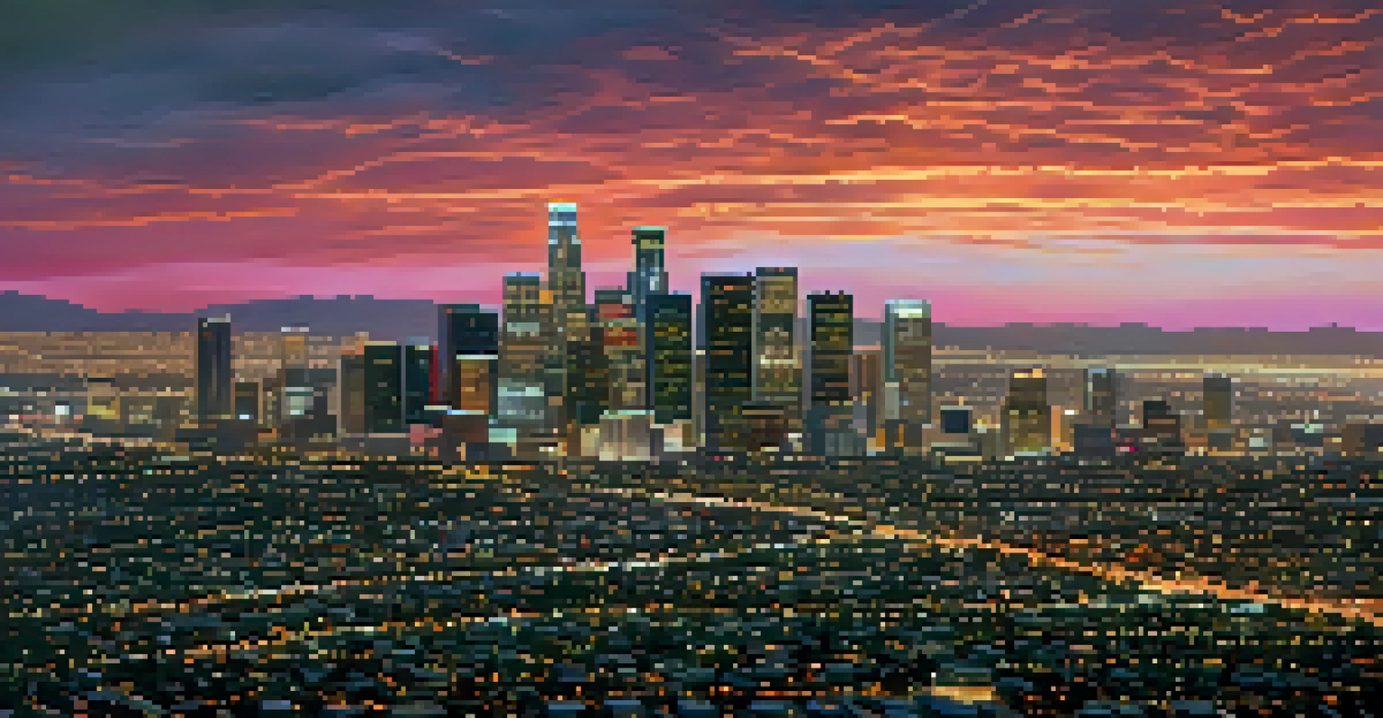 Aerial view of downtown Los Angeles at sunset with a colorful skyline and city lights.