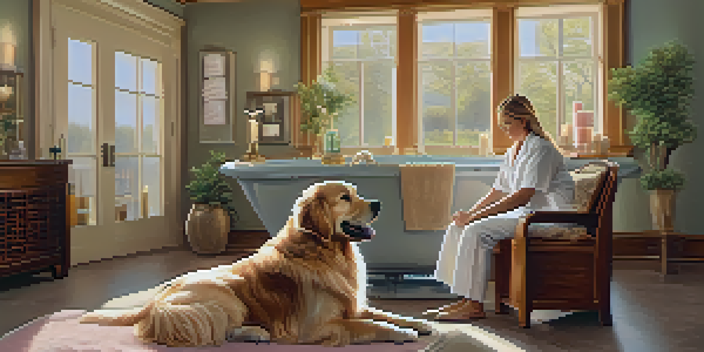 A golden retriever being massaged in a spa with a bright and serene ambiance.