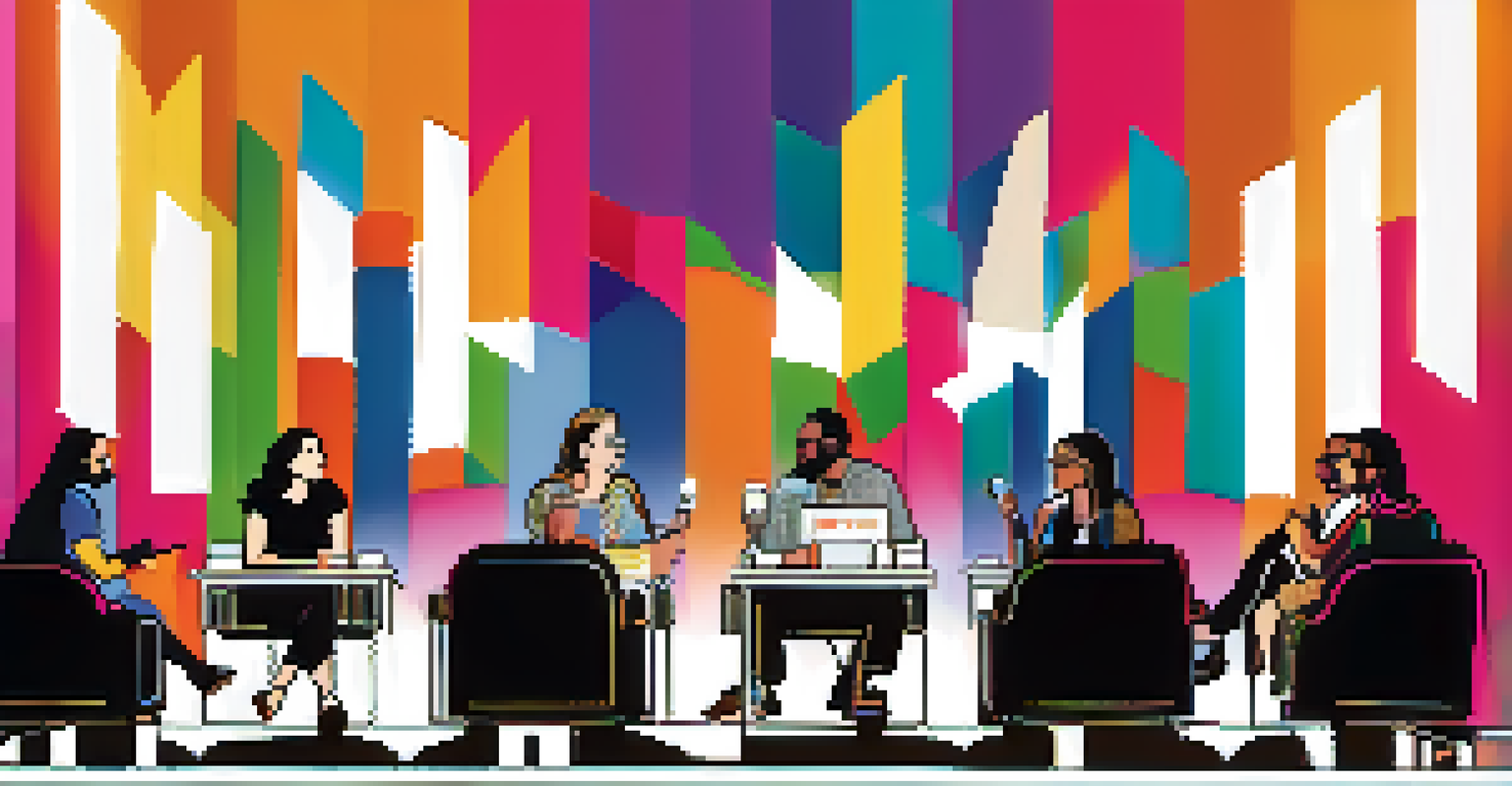 A panel discussion at a film festival with diverse filmmakers on stage, an engaged audience in the foreground, and colorful festival branding in the background.