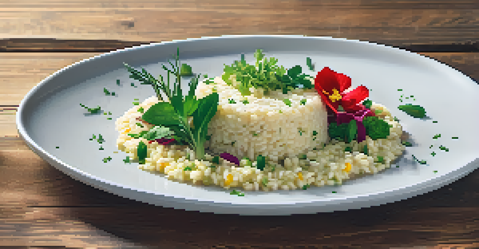 A plant-based creamy risotto made from vegetables, artistically plated with herbs and flowers on a rustic wooden table.