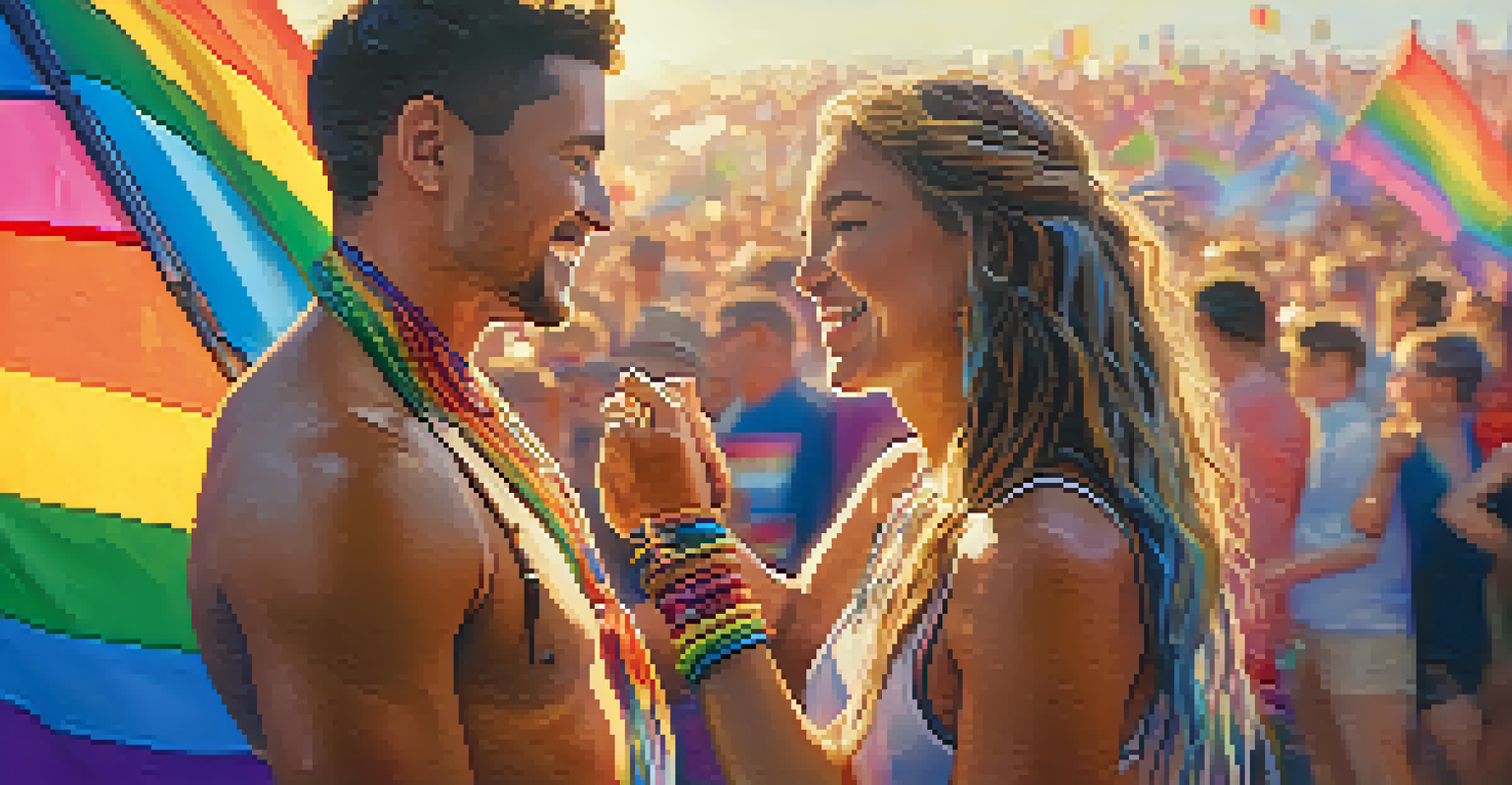 A close-up of two individuals holding hands at a Pride event, surrounded by rainbow flags and warm sunlight.