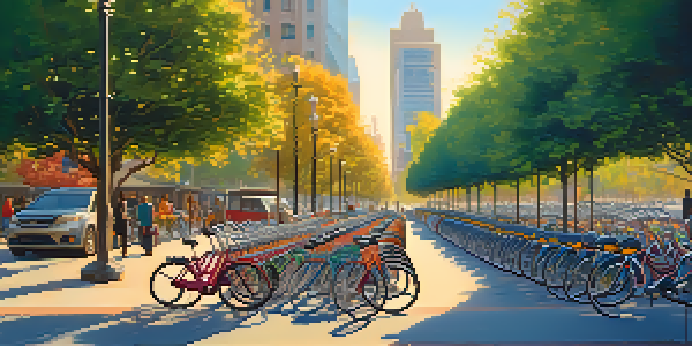 A busy bike-sharing station in a city, with colorful bicycles and people cycling around in a bright urban environment.