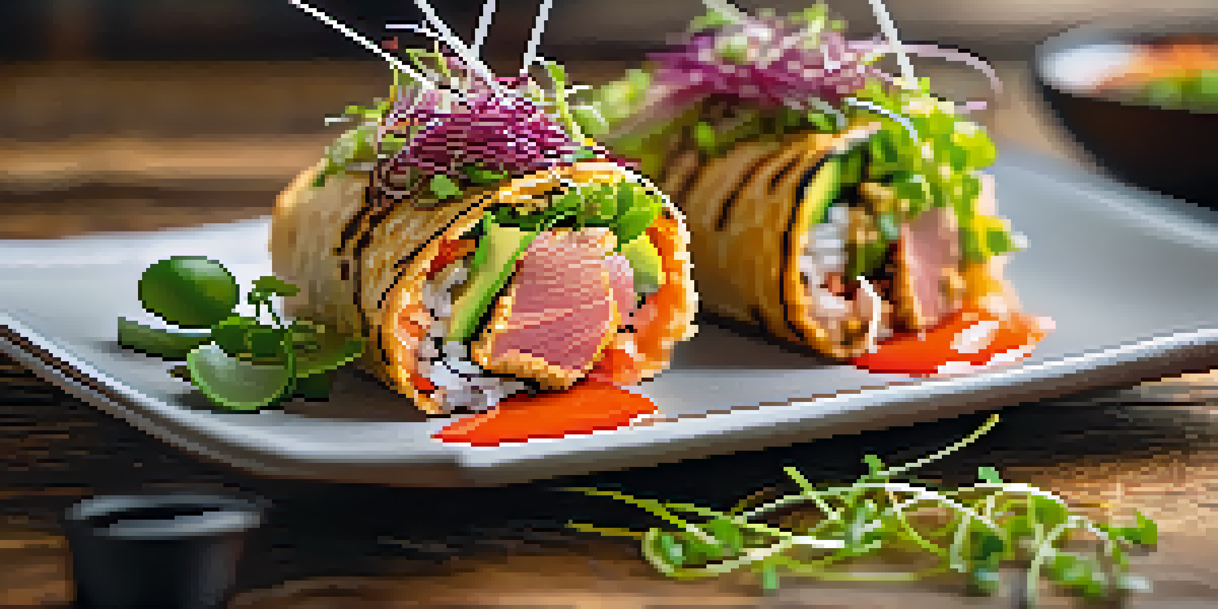 A colorful taco sushi roll filled with fresh tuna and avocado, garnished with microgreens and spicy sauce on a rustic wooden table.