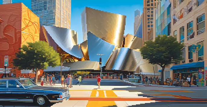 A street view of Los Angeles highlighting diverse postmodern architecture, including the Walt Disney Concert Hall, colorful murals, and whimsical buildings under golden sunset light.