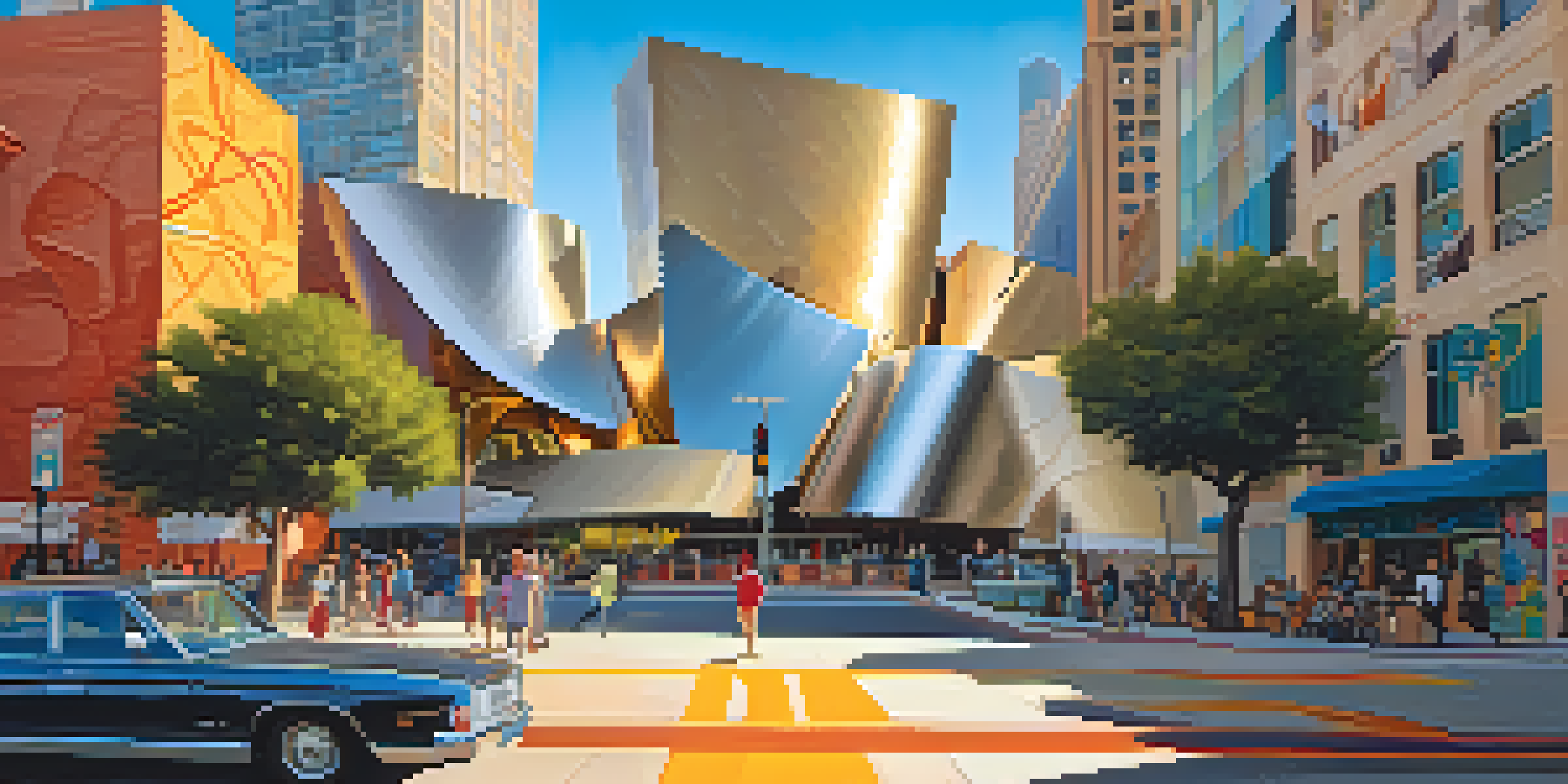 A street view of Los Angeles highlighting diverse postmodern architecture, including the Walt Disney Concert Hall, colorful murals, and whimsical buildings under golden sunset light.