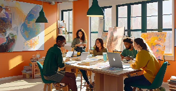 A diverse group of artists collaborating in a bright workspace filled with colorful artwork and digital tools.