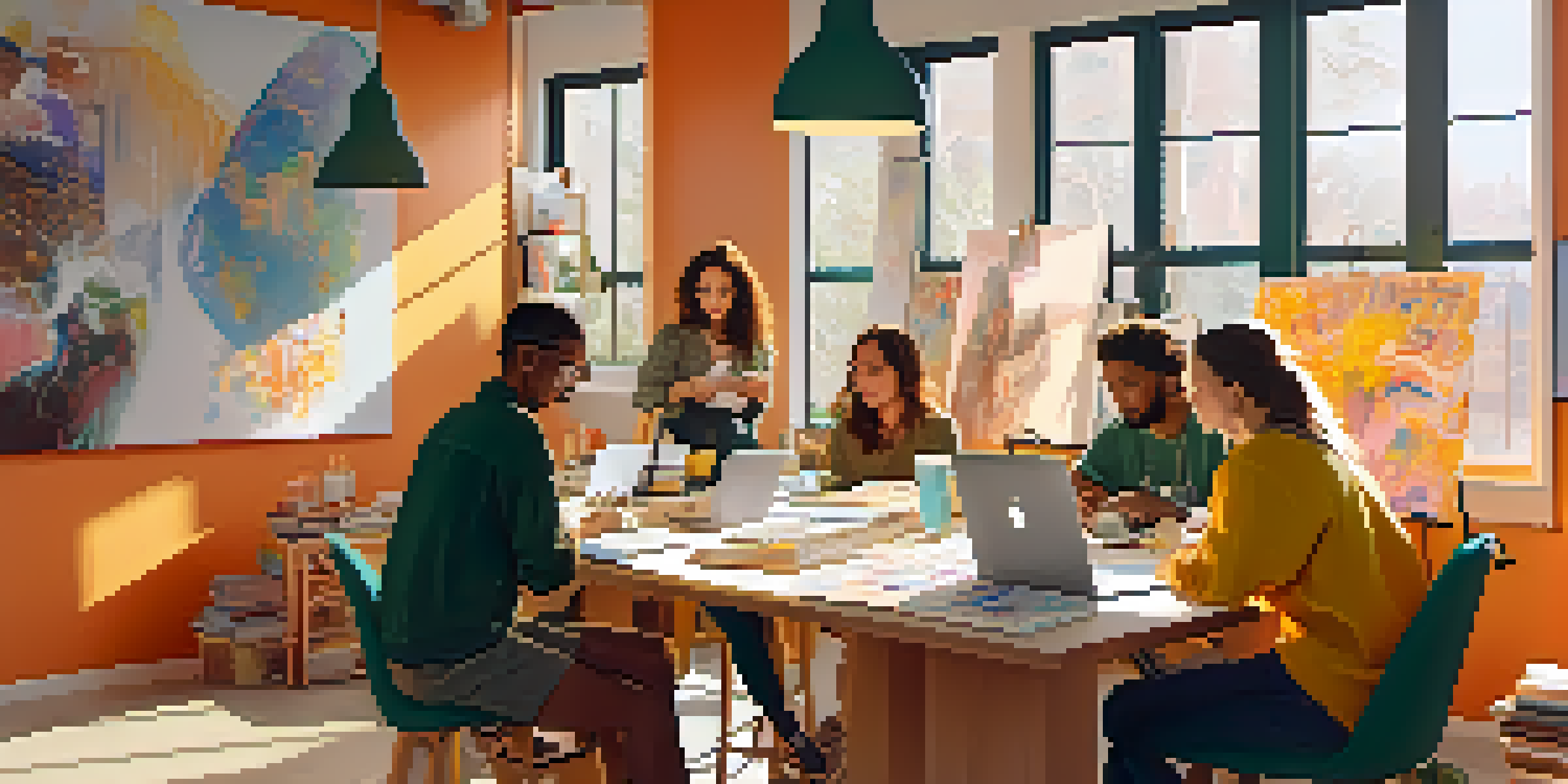 A diverse group of artists collaborating in a bright workspace filled with colorful artwork and digital tools.