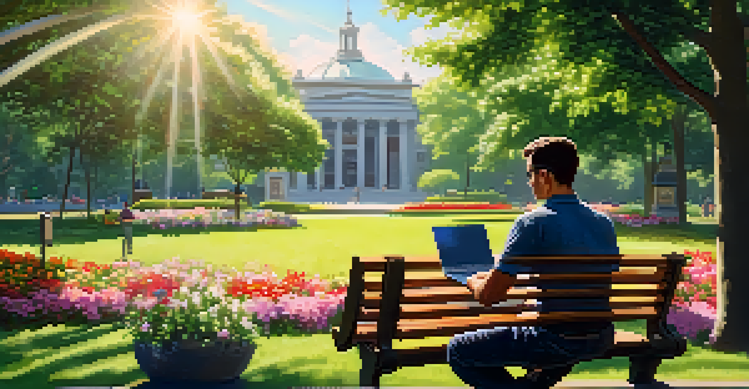 A remote worker using a laptop on a bench in a park, surrounded by greenery and flowers with people enjoying the outdoors.