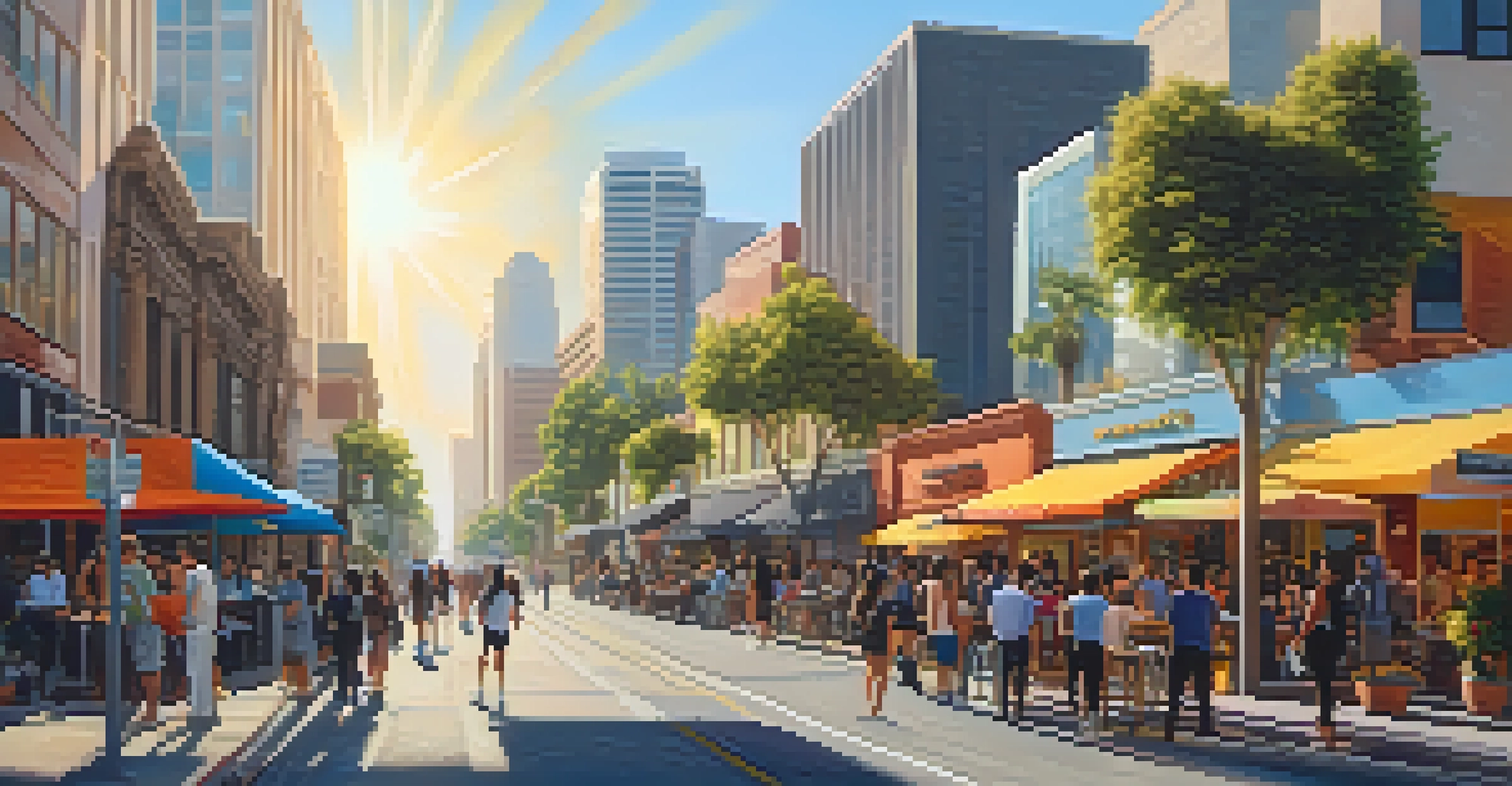 A lively street in Los Angeles showcasing tech startups with colorful murals, diverse people collaborating outside a café under warm sunlight.