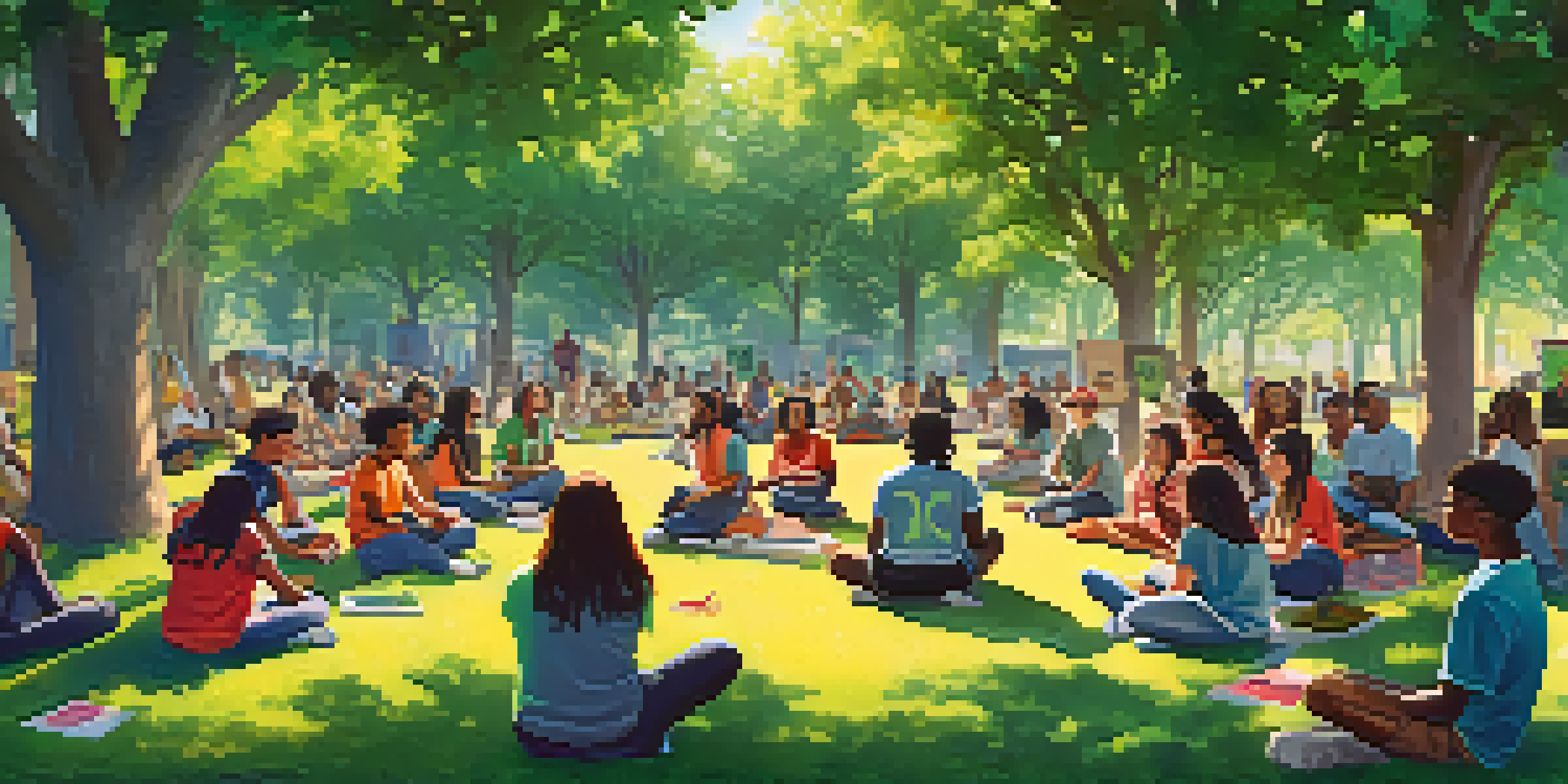 A group of diverse young people participating in an outdoor empowerment workshop in a green park, with colorful banners and sunlight filtering through trees.