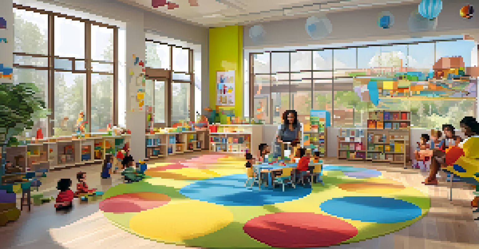 A lively childcare co-op with parents and children playing together in a bright, colorful environment.