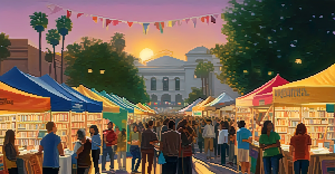 A lively literary festival in Los Angeles with authors signing books and readers engaging, set against a sunset backdrop.