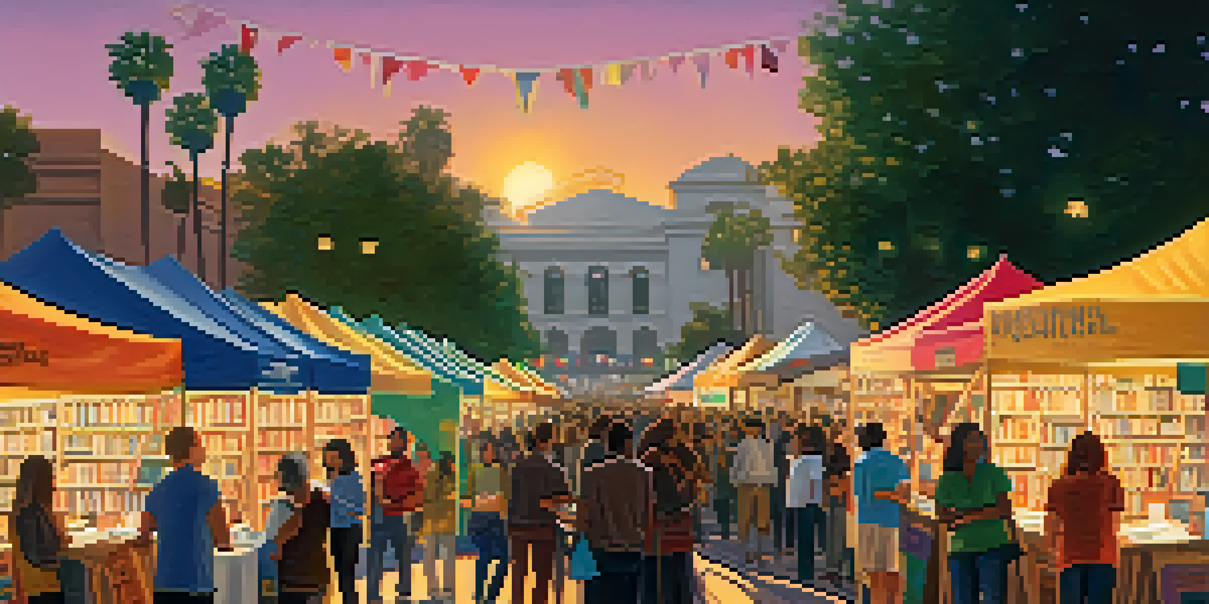 A lively literary festival in Los Angeles with authors signing books and readers engaging, set against a sunset backdrop.
