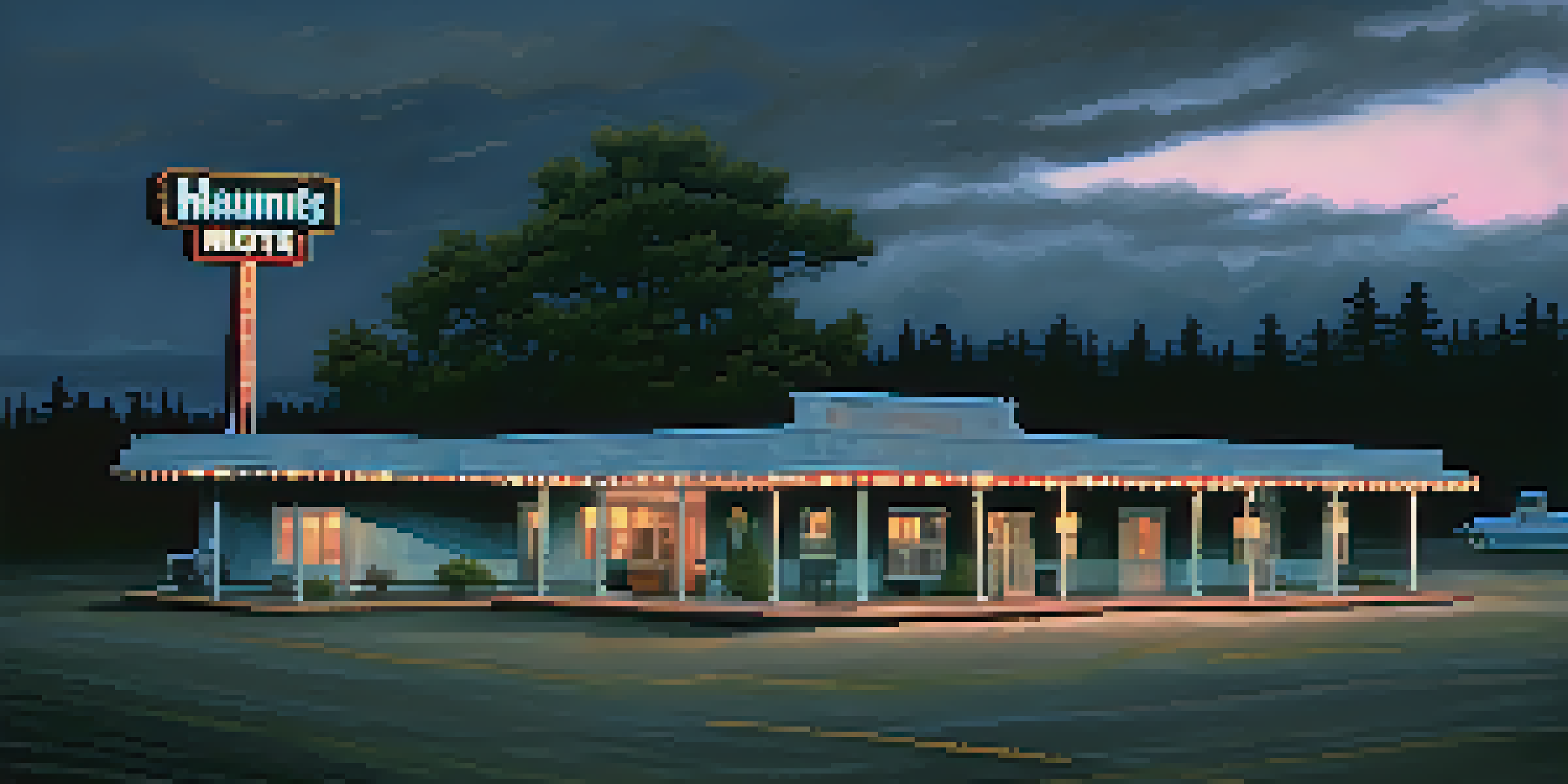 A view of the Bates Motel at dusk, featuring a flickering neon sign, surrounded by dark trees and a cloudy sky.