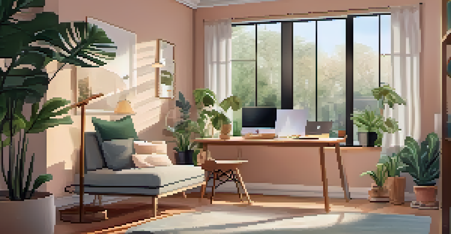 A peaceful workspace featuring a cozy relaxation corner with soft lighting, plants, and comfortable seating to promote mental wellness.